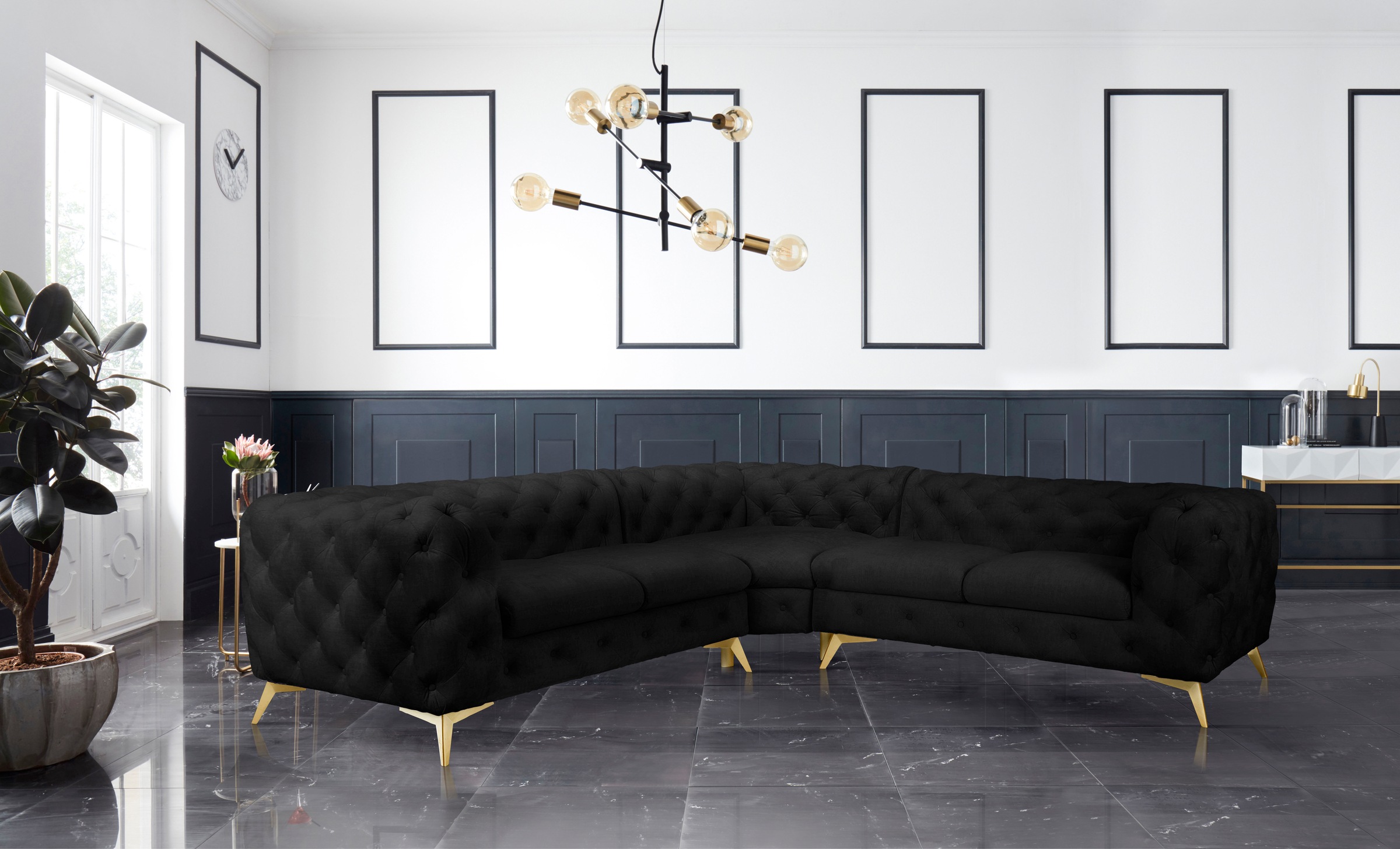 Leonique Chesterfield-Sofa »Ecksofa GLYNIS L-Form mit Wellenunterfederung, Maße B/T/H 264/264/75cm«, aufwändige Knopfheftung, moderne Chesterfield Optik, Fußfarbe wählbar