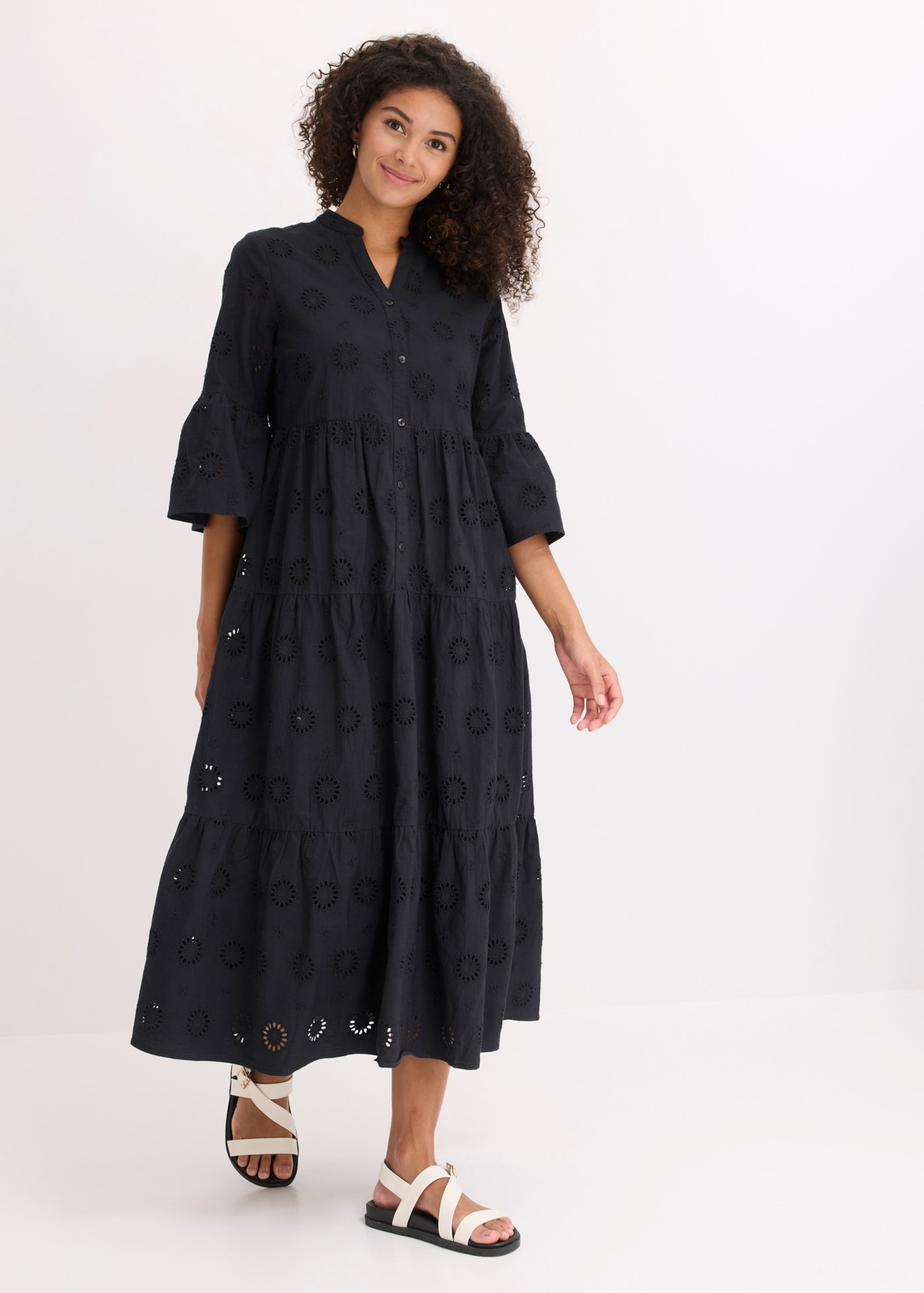 bonprix Midikleid aus reiner Baumwolle, A-Linien-Passform, 3/4-Ärmel, mit Stehkragen