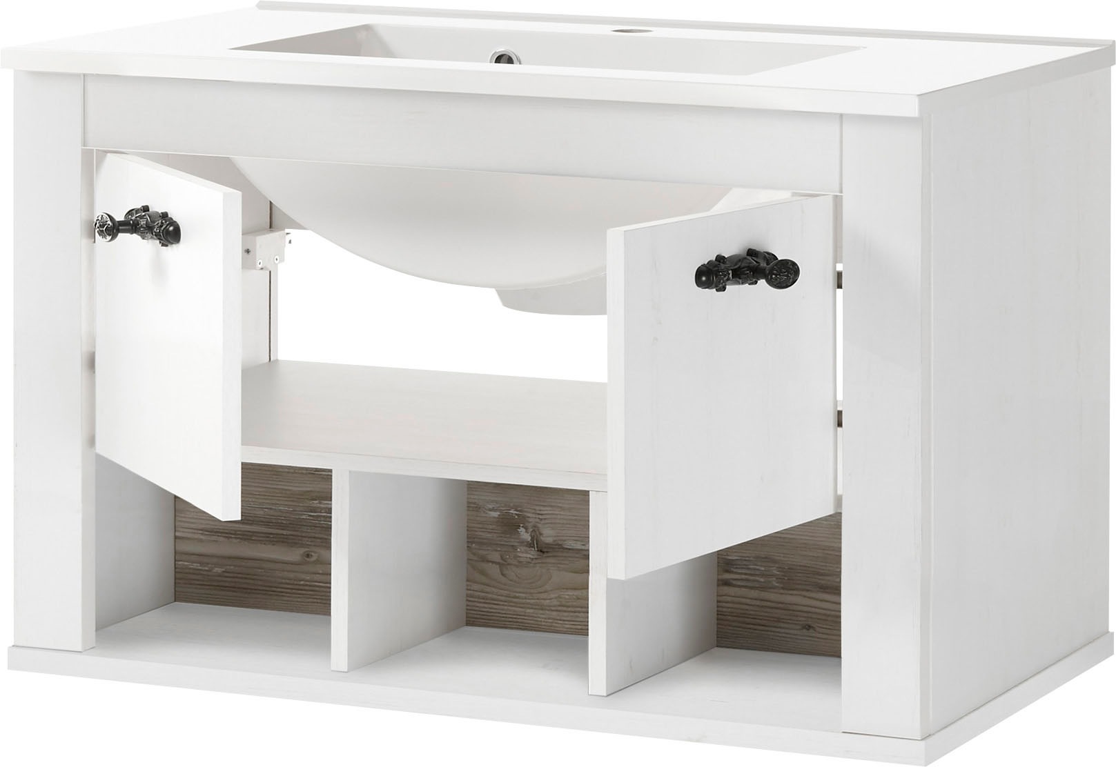 Home affaire Badmöbel-Set »Florenz, Bad im Landhausstil, 4-teiliges Badezimmer«, (4 St.), Hänge-Waschtisch, Schrank, Wandboard und Spiegel, in Pinie Weiß
