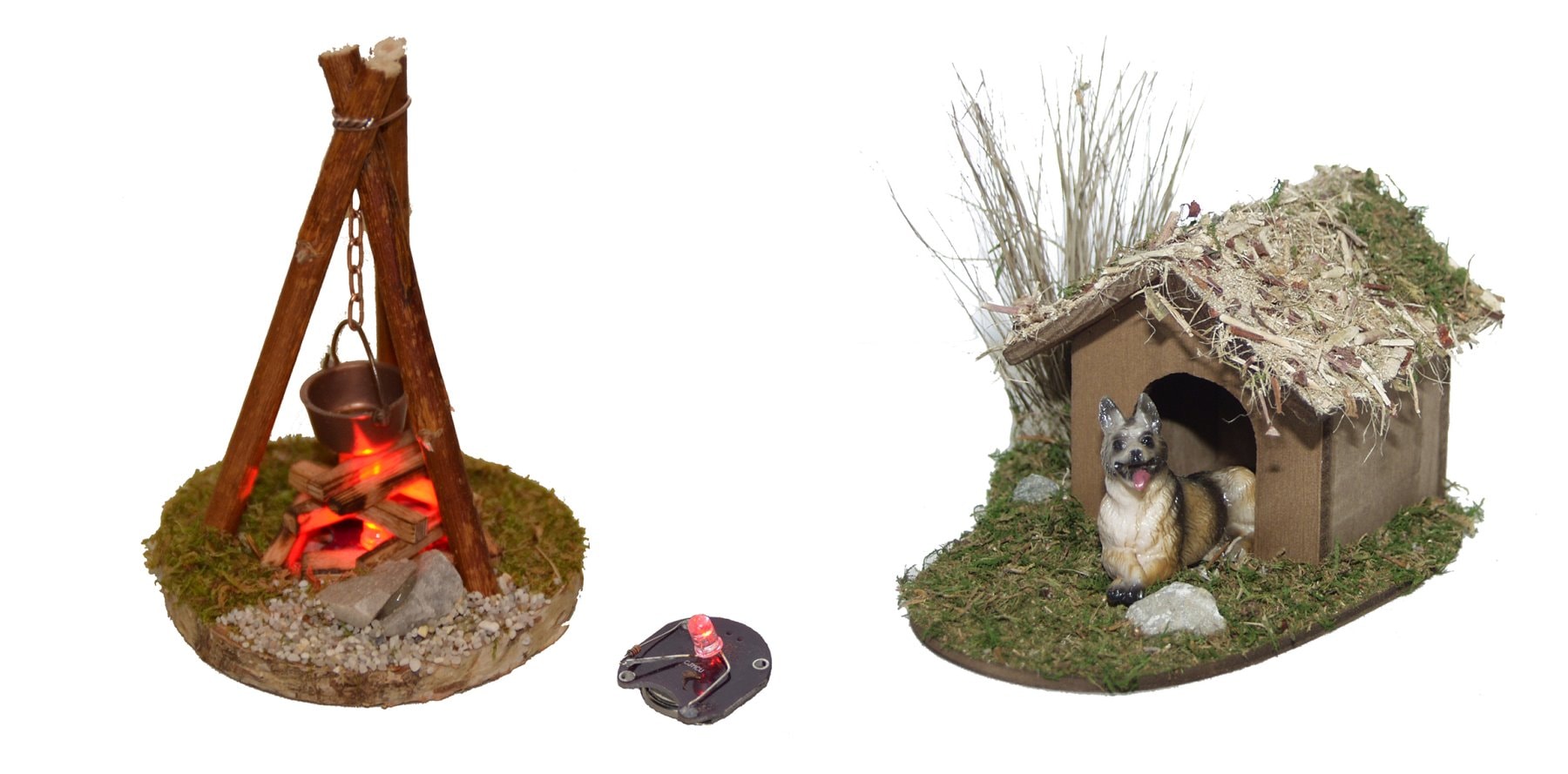 Krippen-Zubehör, Lagerfeuer mit Flackerplatine, für 10-13 cm Figuren, Hundehütte, Hund