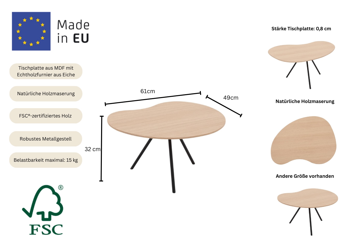 Home affaire Couchtisch »Arendal, Tisch, Satztisch, Kaffeetisch, Sofatisch« 1 Stk. tlg. Tischplatte mit Echtholzfurnier aus Eiche, Gestell aus Metall, FSC®