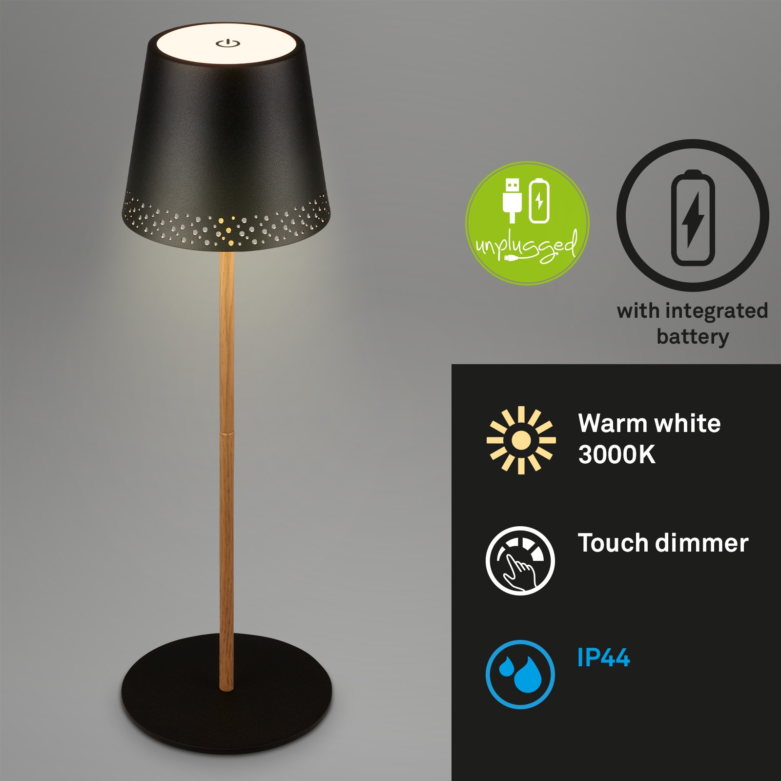 Briloner Leuchten LED Tischleuchte »KIKI« LED-Modul 1 Stk. Warmweiß mit Akku, höhenverstellbar, USB-C, warmweiß, IP44, schwarz, 38 cm