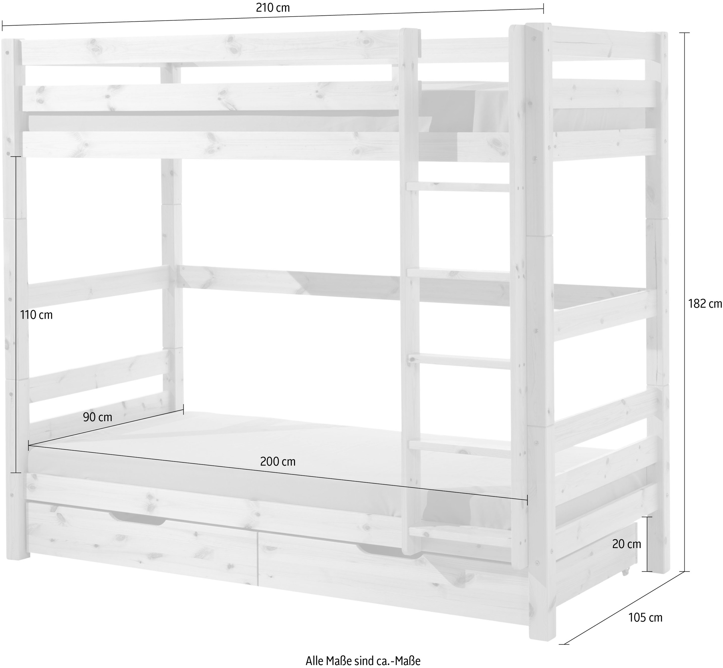 Vipack Etagenbett »Pino, inkl. Rolllattenrost, Leiter und Absturzschutz«, (B/H/T ca. 210x182x105cm, massiv Kiefer verschiedene Farben), wahlweise ohne Schublade, mit 1 großen, 2 kleinen Bettschubladen