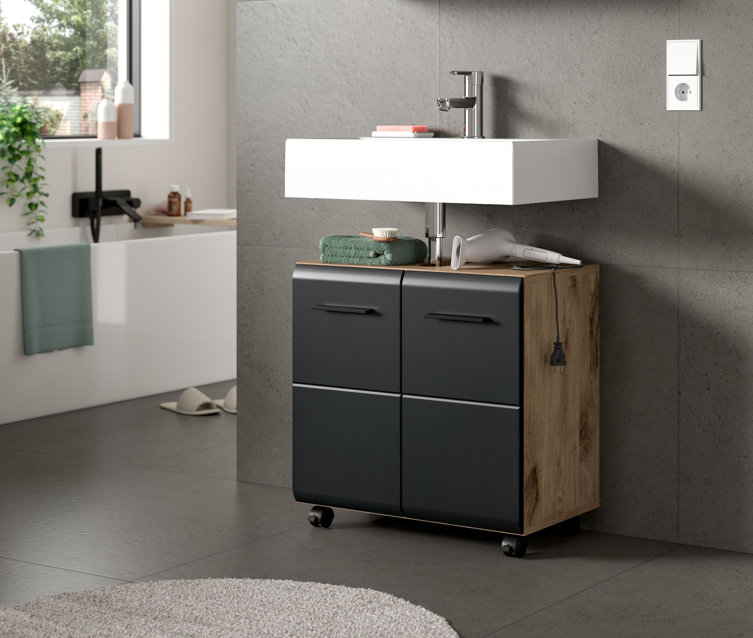welltime Waschbeckenunterschrank »FLORENZ,  Breite 60cm, inkl. Siphonausschnitt, mit Türen oder Schüben« TOPSELLER!,  hochwertige MDF Front, Griff schwarz, Badschrank, Bad