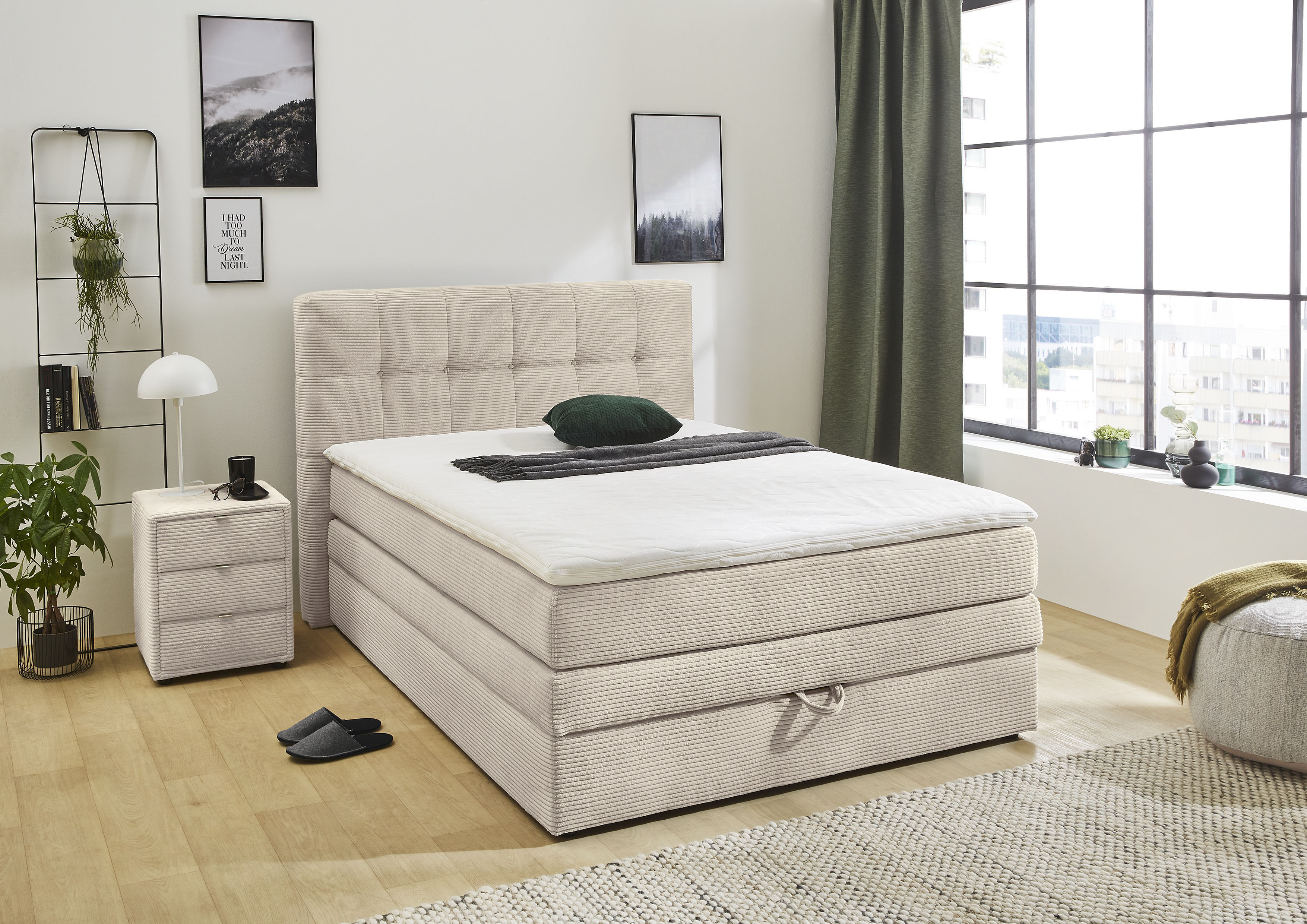 Jockenhöfer Gruppe Boxspringbett "AMY mit Bettkasten, inkl. Bonnell- oder Taschenfederkernmatratze H2-H4" mit 6 cm Kaltschaum-Topper, Cord-Bezug, 120x200 und 140x200 cm