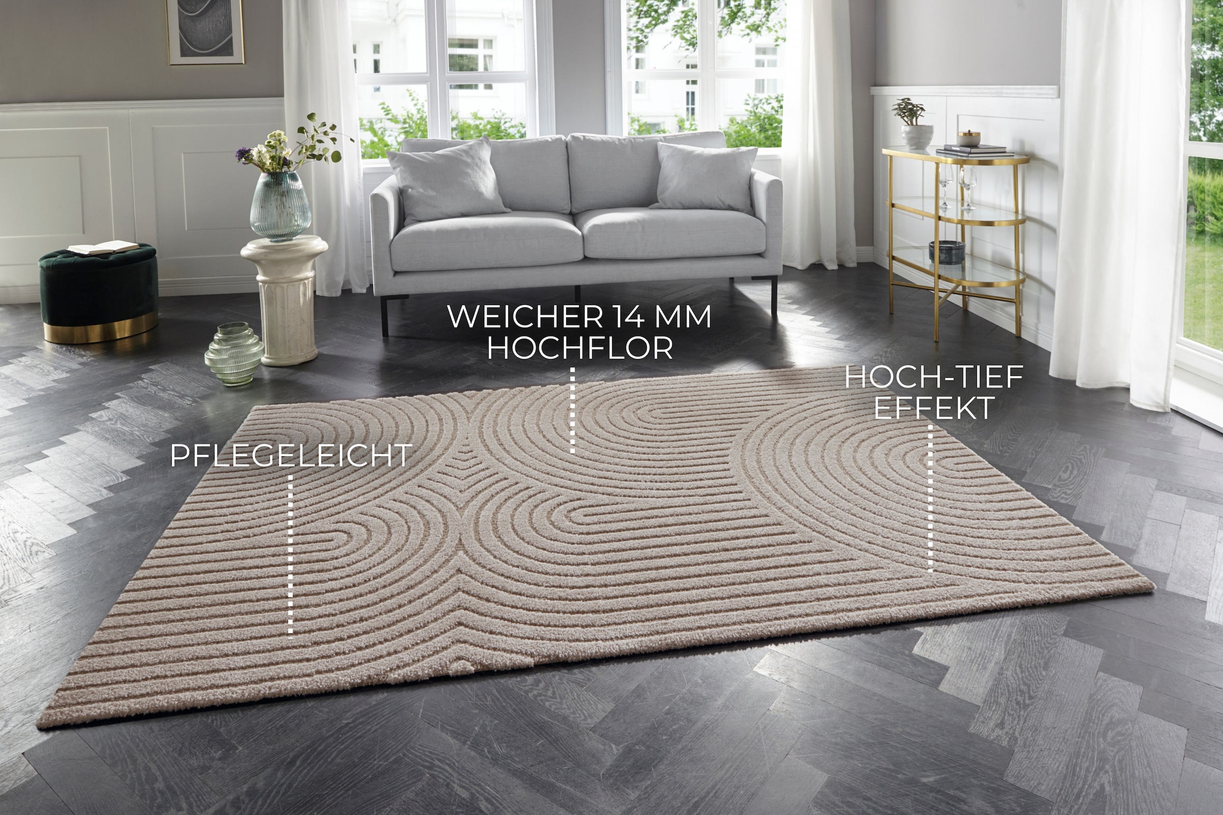 ELLE DECORATION Designteppich »Panglao«, rechteckig, 14 mm Höhe, flauschiger uni Kurzflor, Hoch Tief Struktur, modern, Wohnzimmer