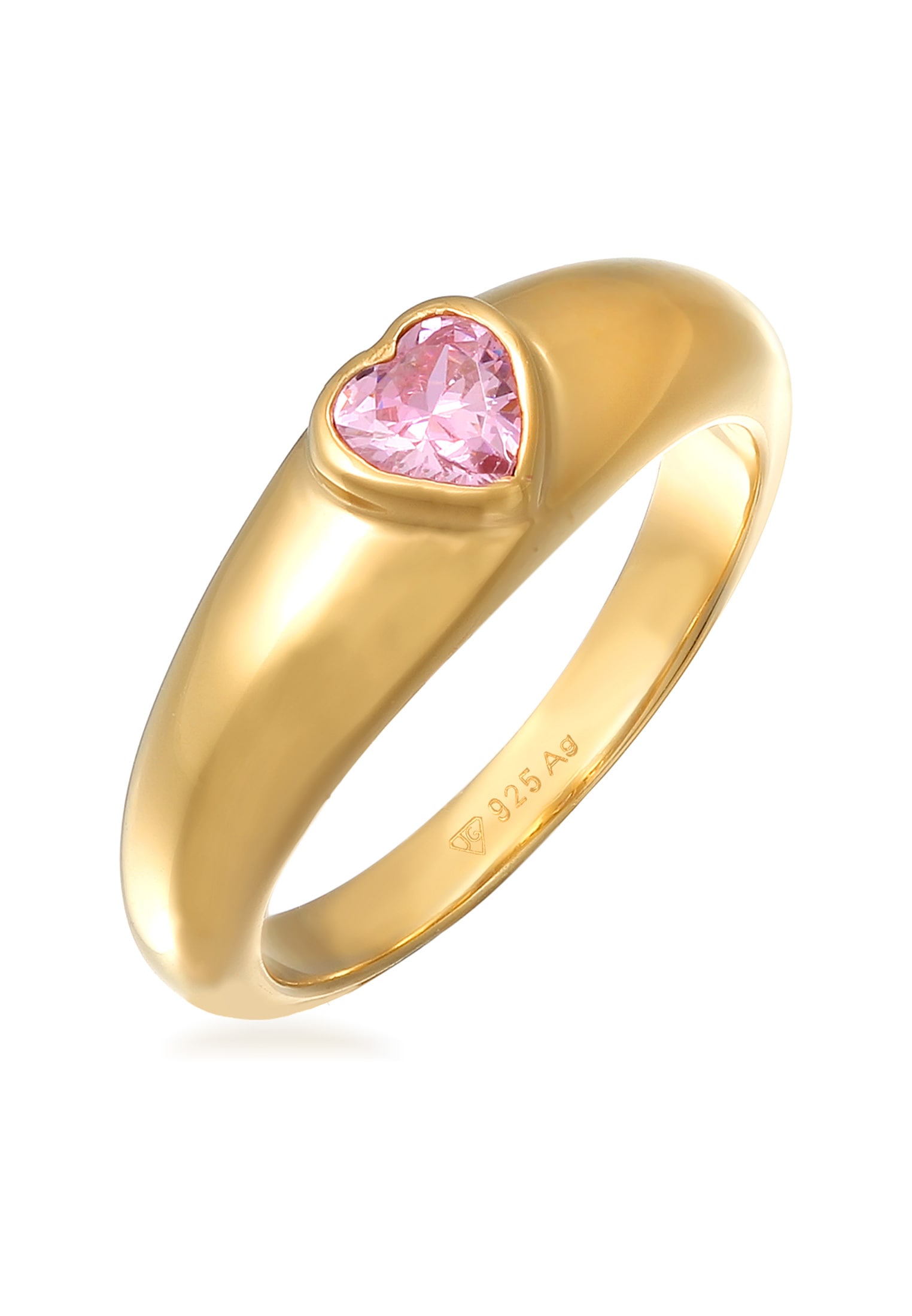 ELLI Damen Siegelring "Ring Zirkonia Herz Bandring Liebe 925 Silber vergoldet", 48, ohne Stein, Silber 925 (Sterlingsilber), 5mm, pink, Silber 925
