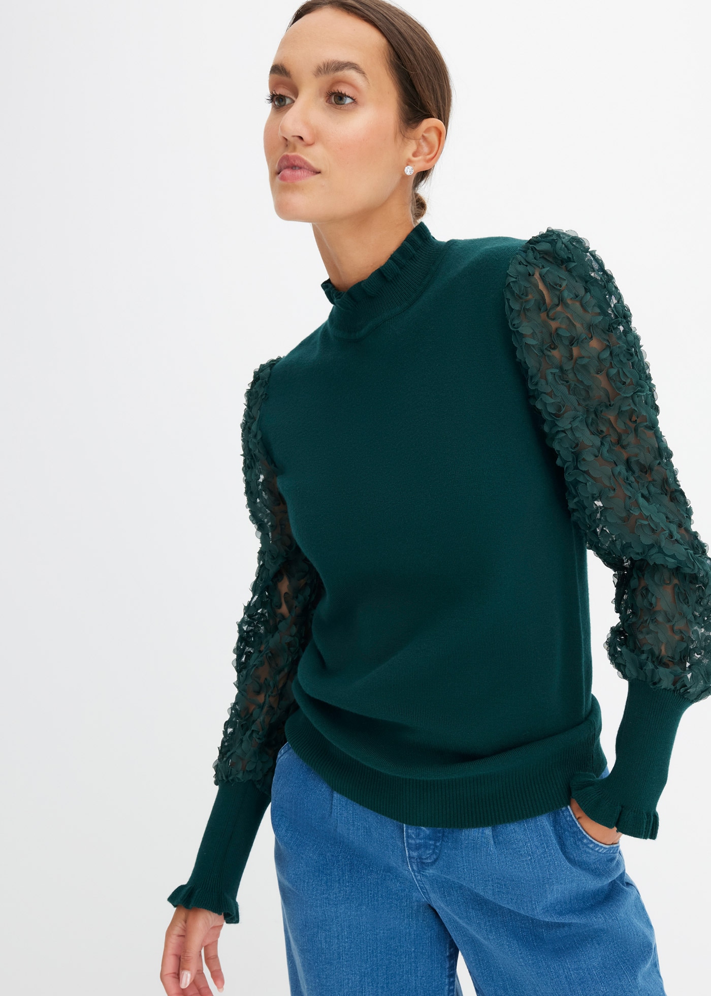 bonprix "Rollkragenpullover aus fließendem Viskose-Mix" Viskose-Mix, Kragen + Ärmel mit gewellter Kante, transparente Ärmel