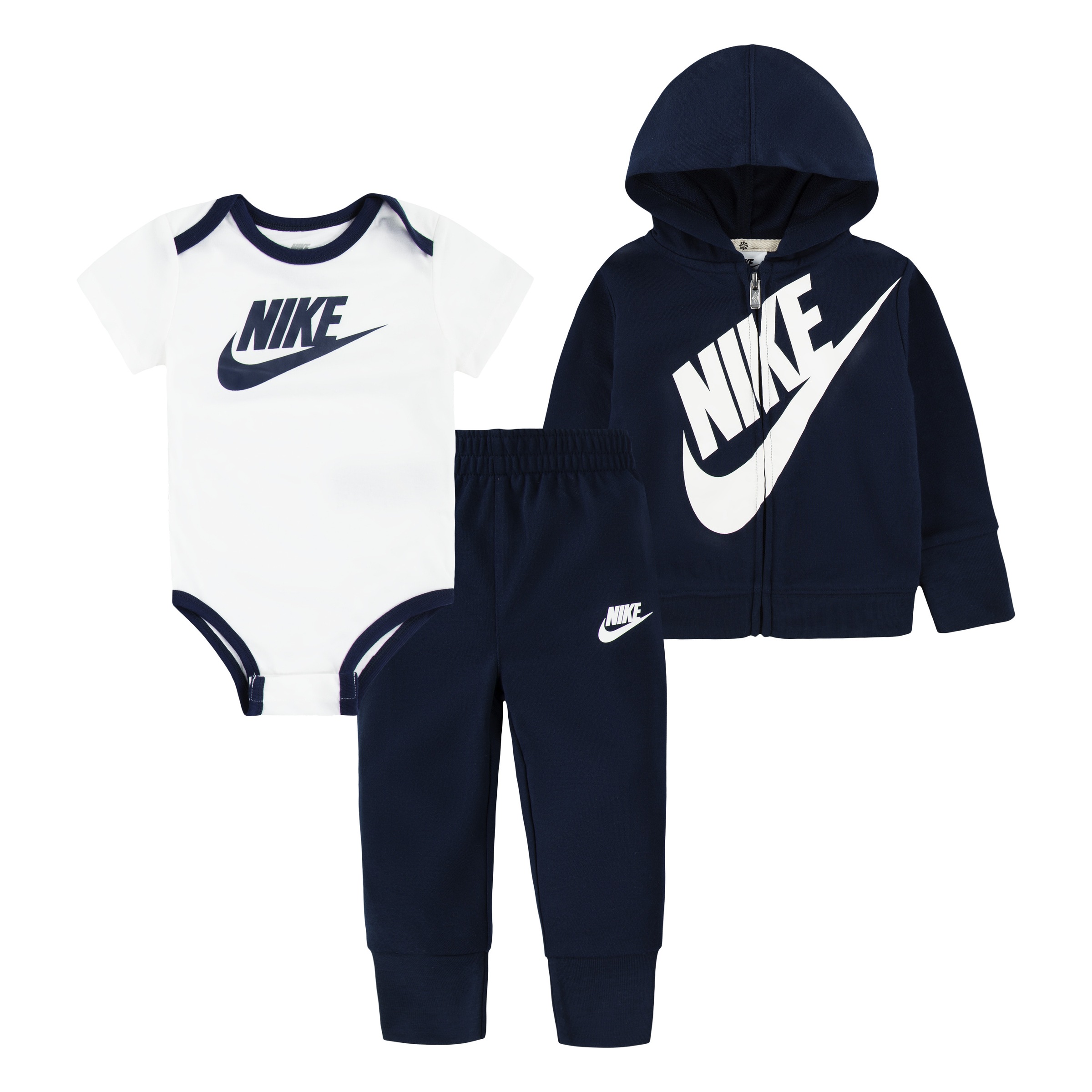 Erstausstattungspaket NIKE SPORTSWEAR "NKN SUSTAINABLE 3PC FZ SET", Mädchen, Gr. 92 (24), weiß, Jersey, Obermaterial: 100% Polyester, unifarben, KOB Set-Artikel Erstausstattungspaket, für Babys