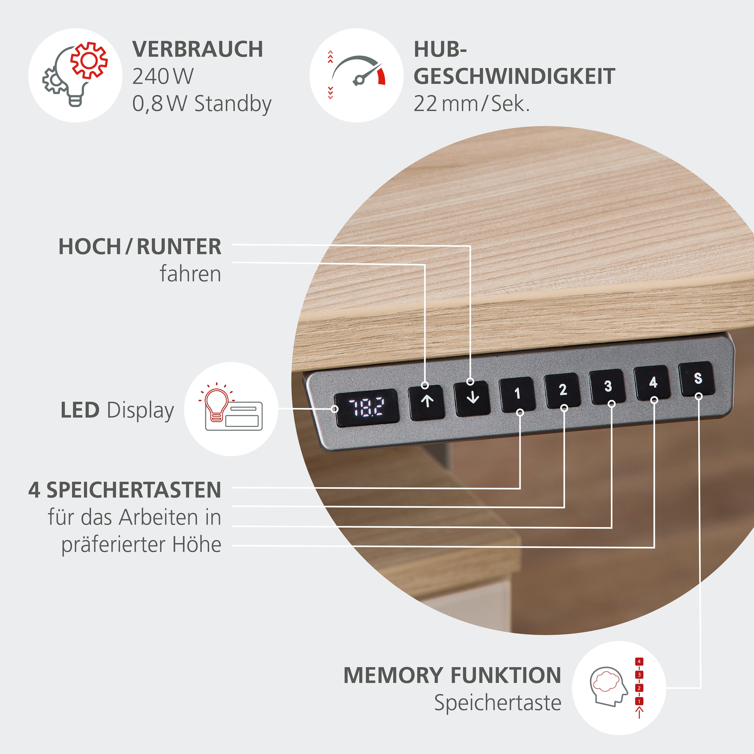 Innostyle Schreibtisch »Schreibtisch Santorin, 160/72/77 cm ( B/H/T)« 1 Stk. tlg. mit Motor zur Höhenverstellung (72-120 cm) mit Memory-Funktion