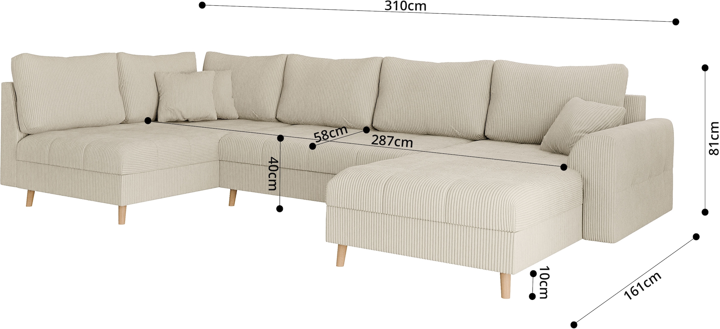 Home affaire Wohnlandschaft »CHARRE U-Form mit Ottomane, Maße B/T/H: 310/161/81 cm«, feine Steppung, lose Rücken- und Zierkissen, auch in Cord und Bouclé