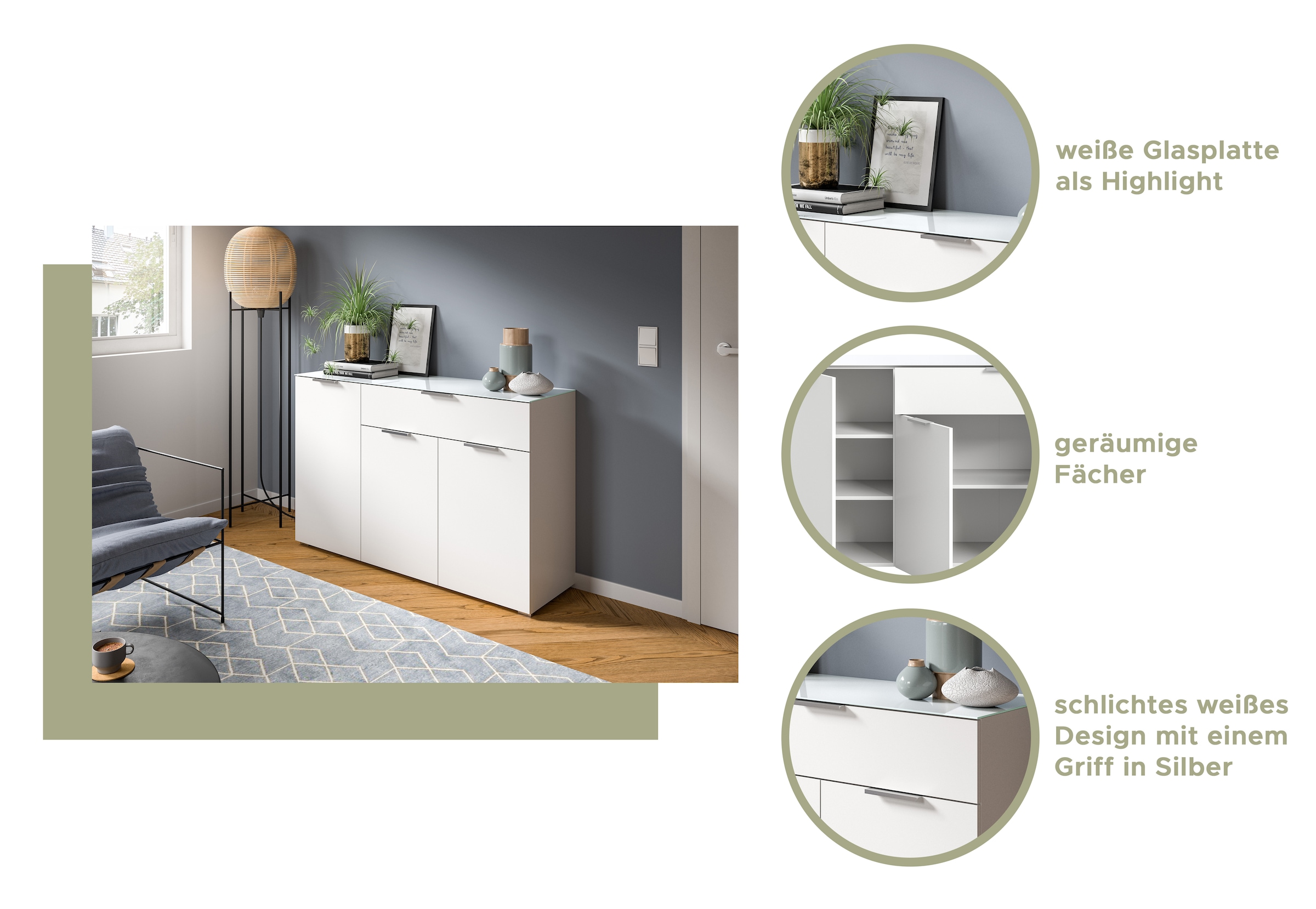 INOSIGN Kommode »Raio, Breite 90 cm, 2 Türen, 1 Schubkasten, Oberboden mit Glasplatte«, Anrichte, Sideboard, Highboard, Schrank