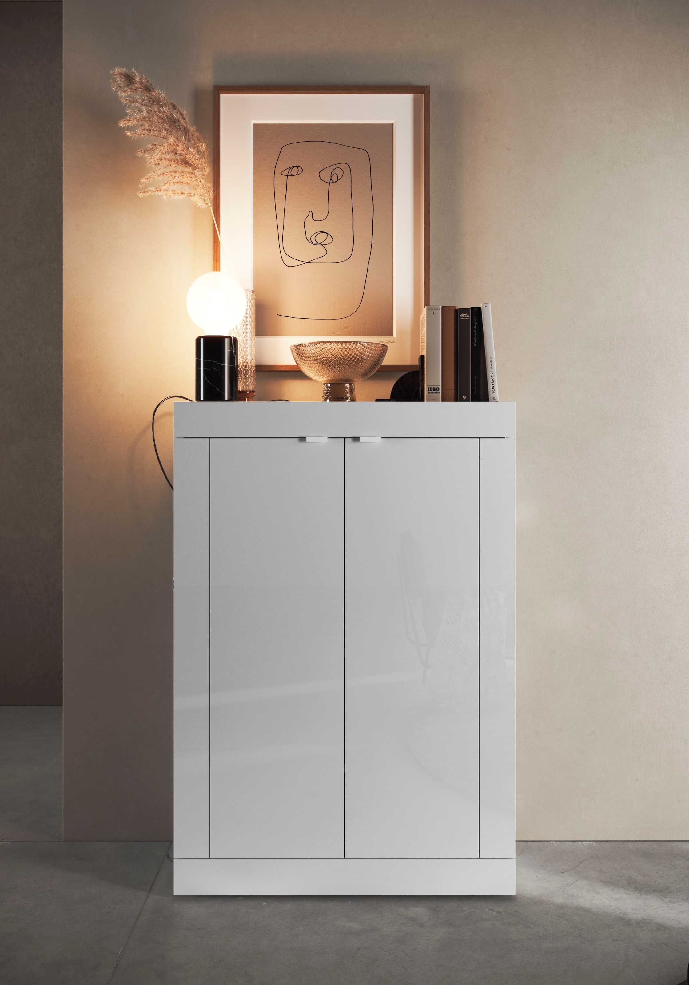 INOSIGN Schuhschrank »Basic Breite 78 cm, Höhe 116 cm, Schuhkommode,«, moderne Rahmenoptik, Metallgriffe, 4 Einlegeböden