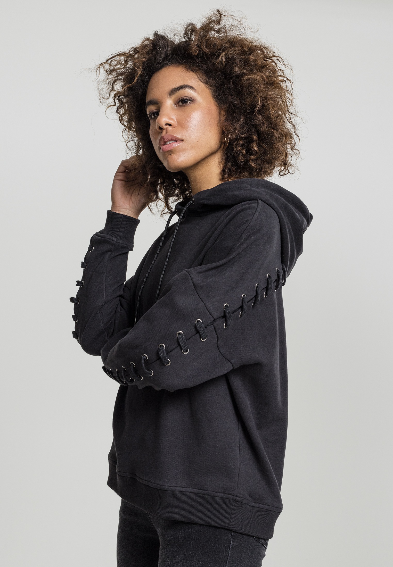 URBAN CLASSICS Rundhalspullover "Urban Classics Damen Ladies Laced-Up Hoody günstig online kaufen
