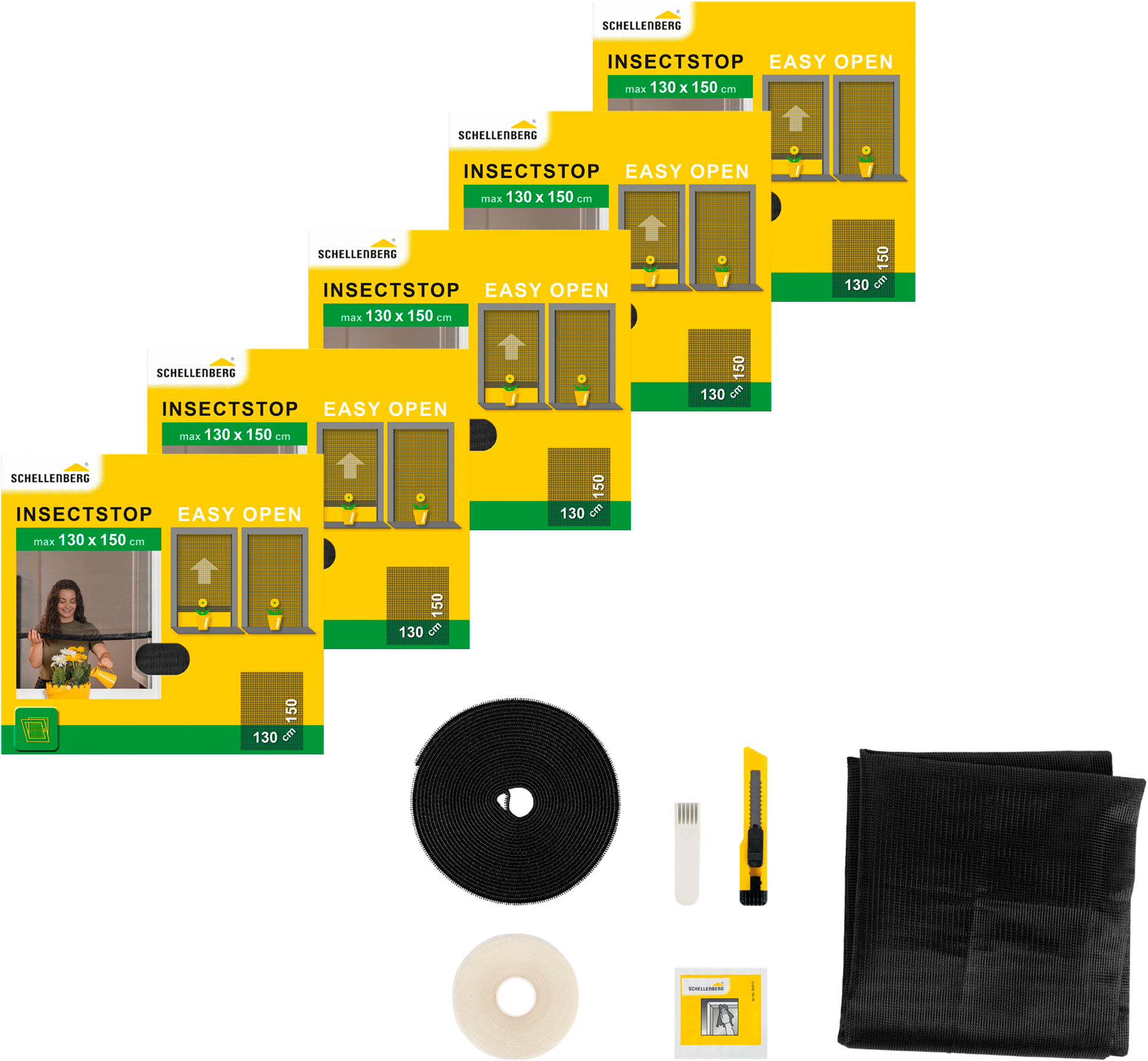 SCHELLENBERG Fliegengitter-Gewebe "aufrollbar, für Fenster", B/H: 130cm x 150cm, 5er Pack, grau, Insektenschutzgitter, Klebe-Klett-Montage, 130 x 150