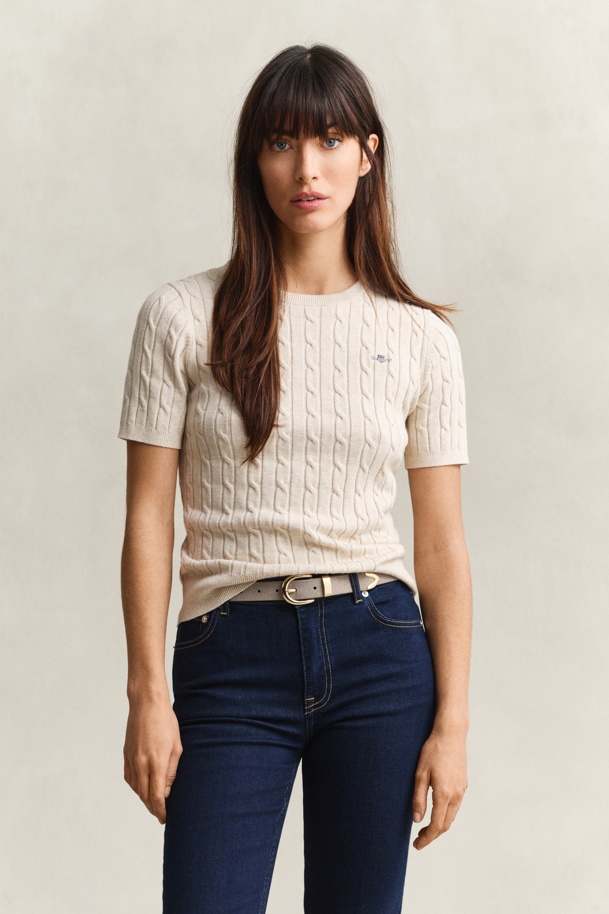 Gant Kurzarmpullover "STRETCH COTTON CABLE" Slim fit mit Rundhalsausschnitt