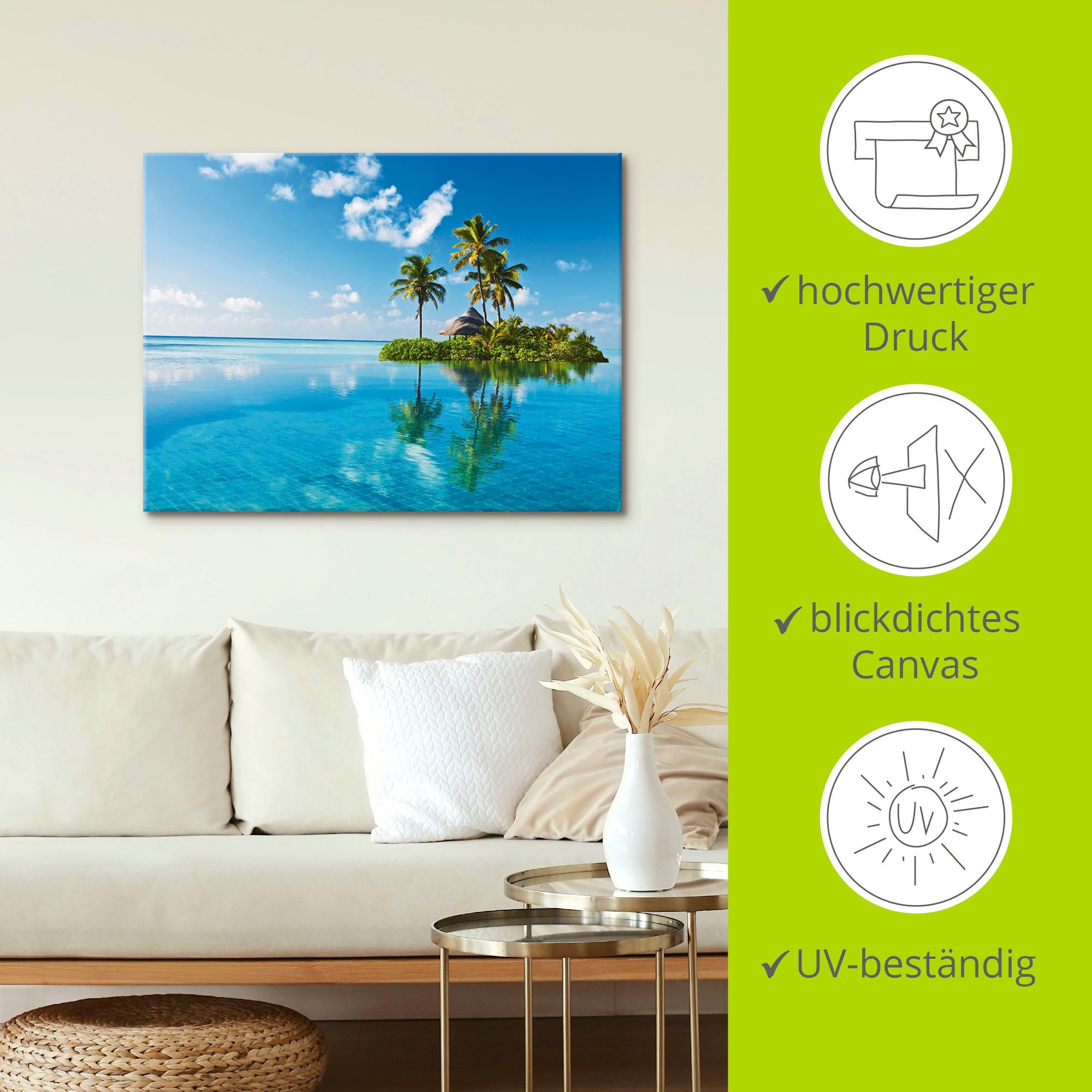 Artland Wandbild »Tropisches Paradies - Insel Palmen Meer«, Amerika, (1 St.), als Alubild, Outdoorbild, Leinwandbild, Poster, Wandaufkleber