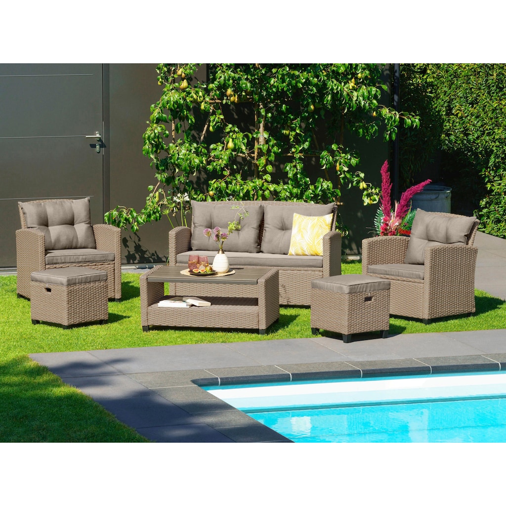 KONIFERA Gartenlounge-Set »Lorca«, (Set, 16 tlg., 2x Sessel, 1x2er Sofa, 1x Tisch 90x55x42,5cm, inkl. Auflagen, Stahl), Polyrattan, Ablagefläche unter dem Tisch, Tischplatte aus Nonwood