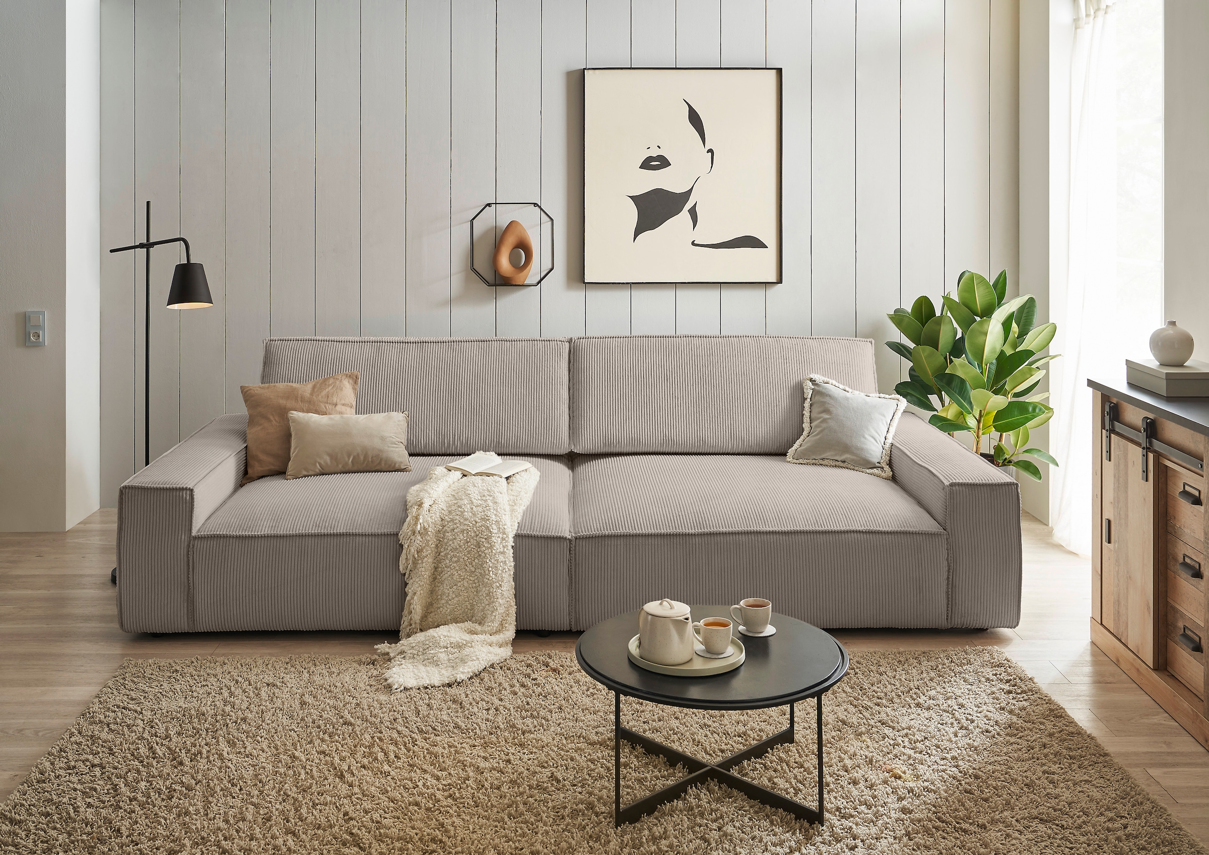 OTTO home Big-Sofa »SHERWOOD XXL Cord, Big-Sofa (316cm), extra tiefe Sitzfläche 95 cm« bequemer Sitzkomfort, Cord u. Leinenoptik, Kedernaht