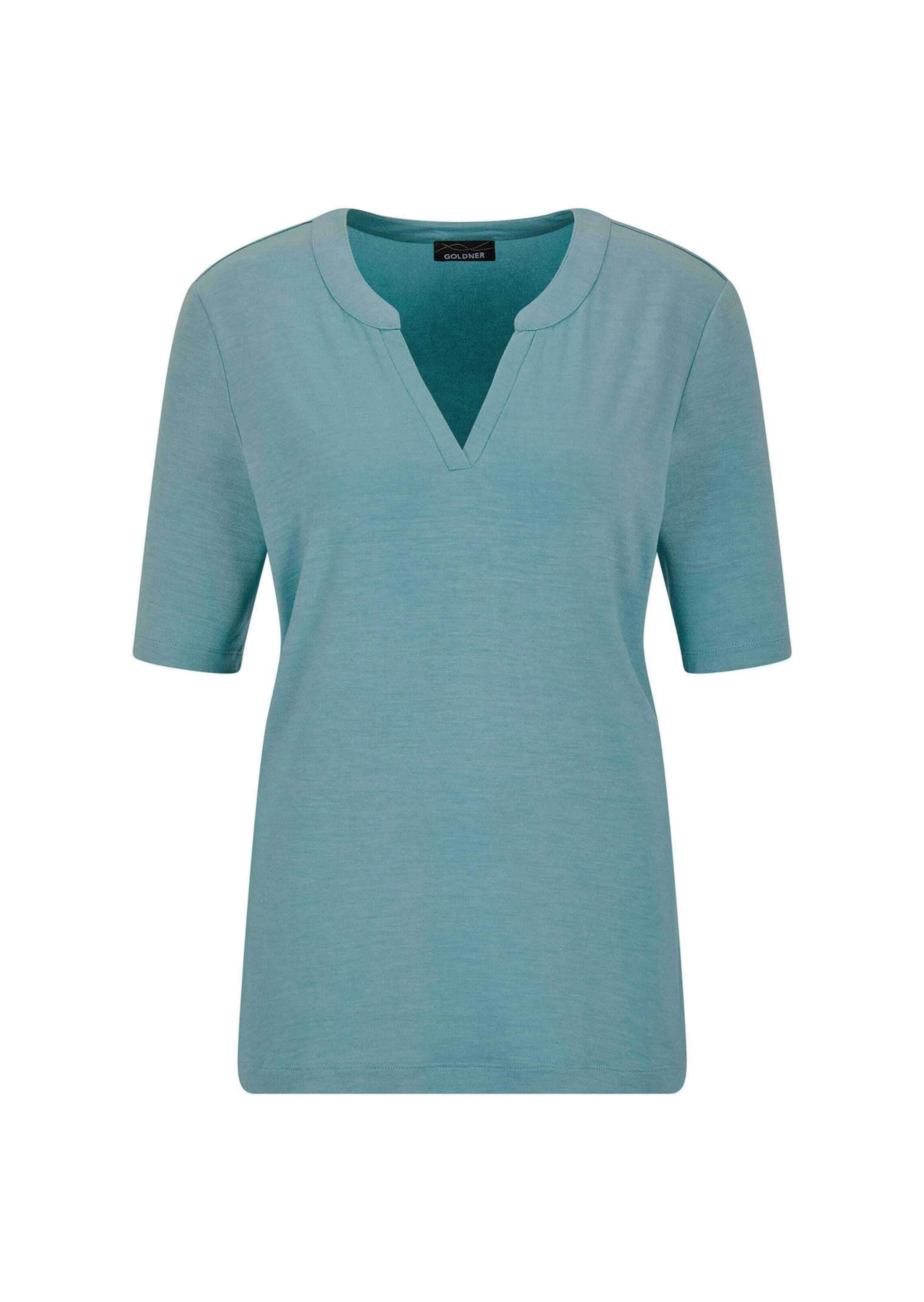 GOLDNER Kurzarmshirt "Kurzgröße Jerseyshirt mit Blende" stretchbequemer Viskosejersey