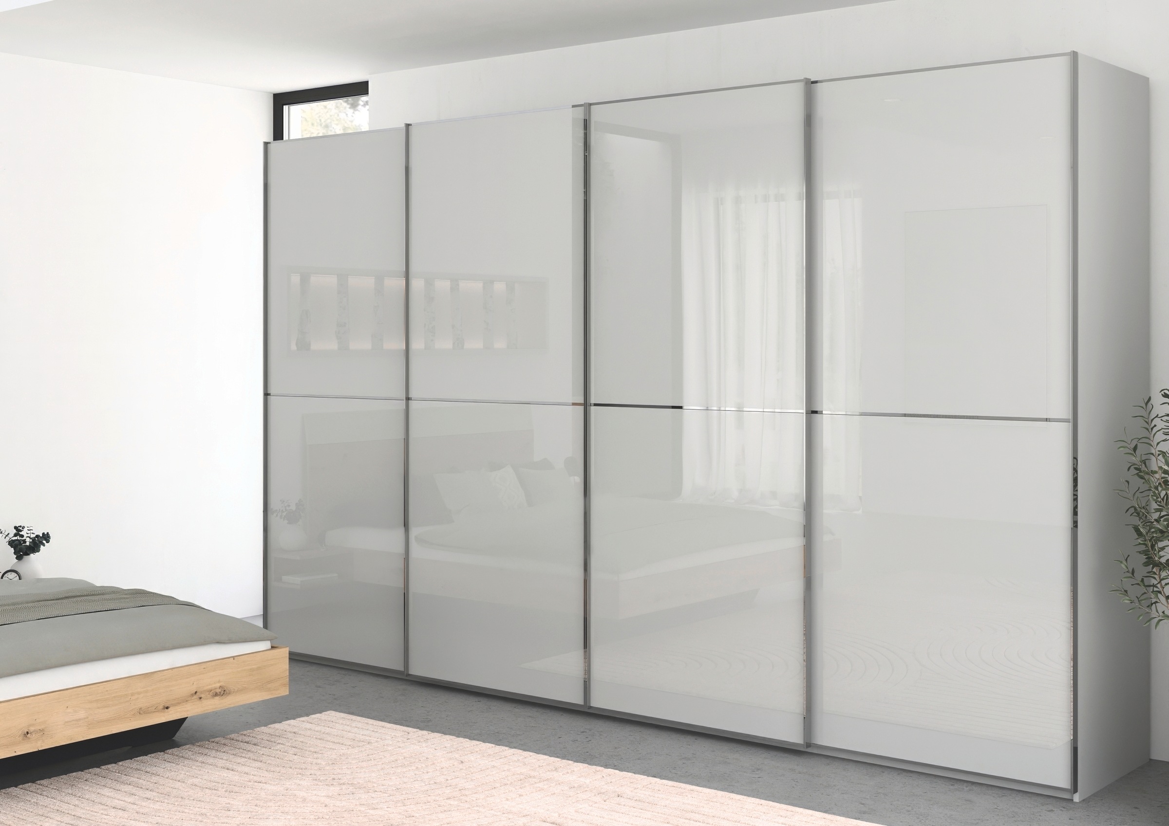 rauch Schwebetürenschrank »Kleiderschrank Schrank Garderobe Schlafzimmerschrank SCALE-DUO«, edle zweigeteilte Türen Glas-Front mit 3 Zierleisten MADE IN GERMANY