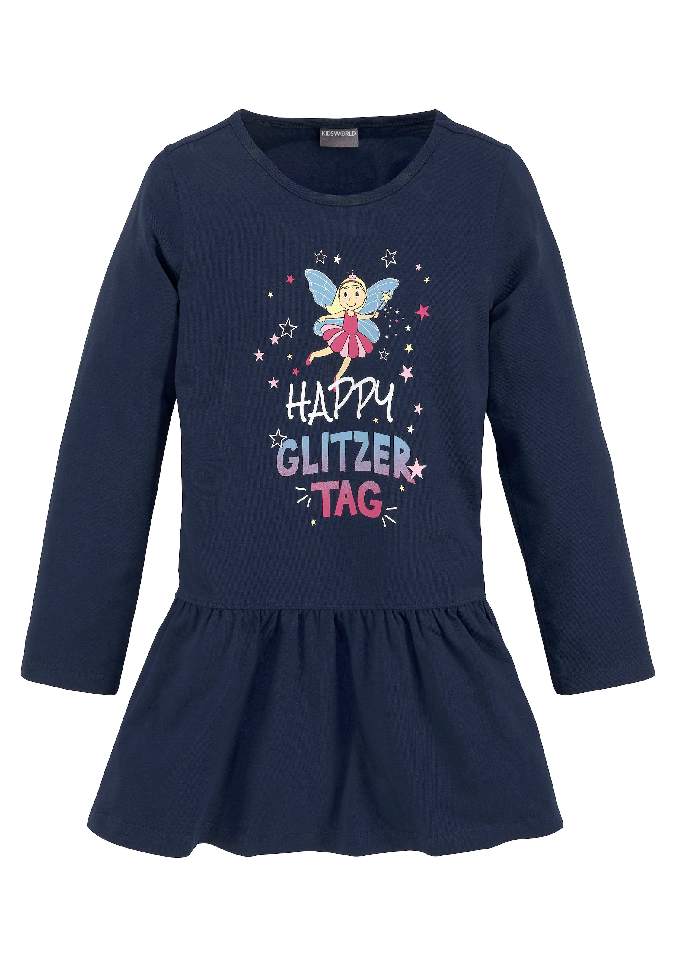 KIDSWORLD Jerseykleid ▷ BAUR für GLITZER »HAPPY TAG«, glitzerndem Print | mit