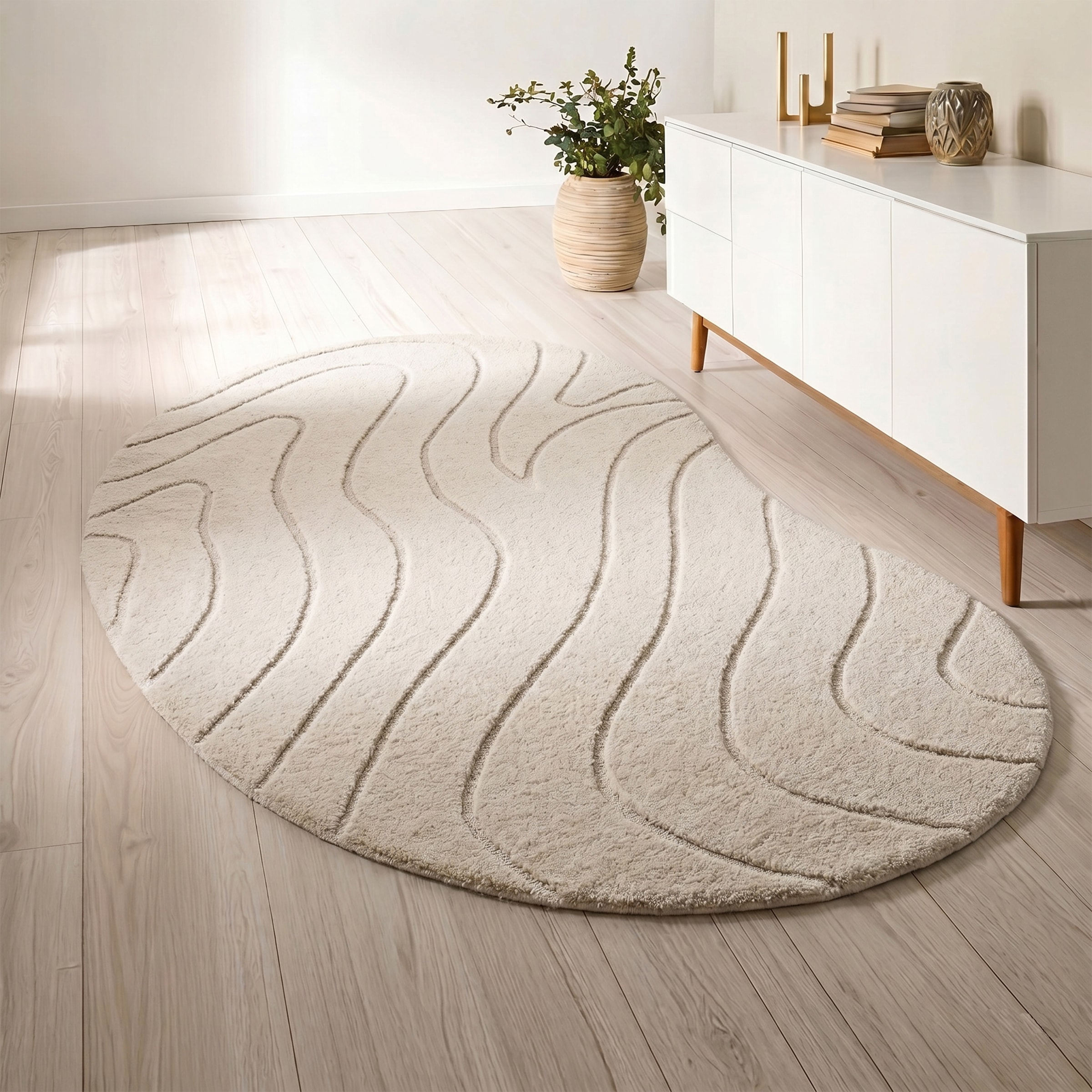 LeGer Home by Lena Gercke Wollteppich »Zarrah, mit Wellendesign, besondere Form, organisch« oval 14 mm Höhe reine Wolle, modern, Scandi, Schlafzimmer, Wohnzimmer, Esszimmer
