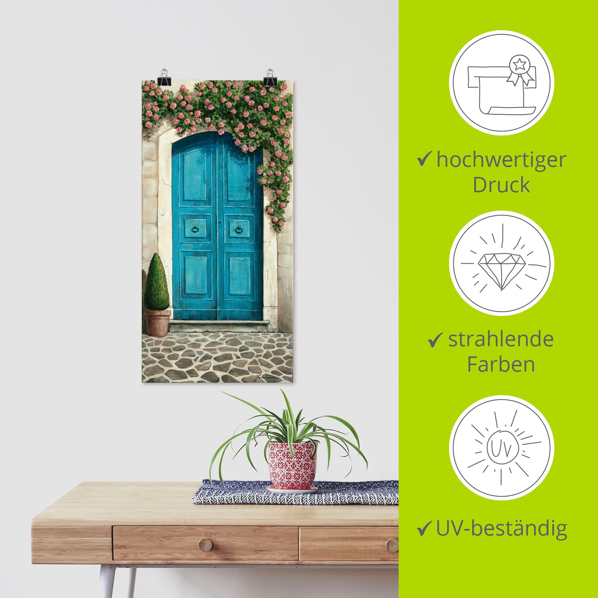 Artland Wandbild »Blaue Tür mit Kletterrosen«, Fenster & Türen, (1 St.), als Alubild, Outdoorbild, Leinwandbild, Poster, Wandaufkleber