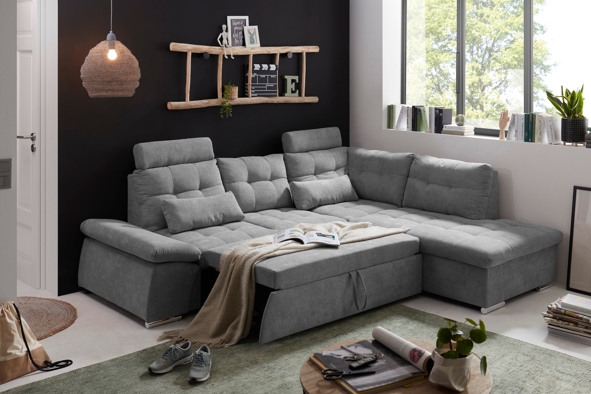 ED EXCITING DESIGN Ecksofa »Nalo L-Form«, mit Bettfunktion, Armteilverstellung, Kopfstützen & 2 Nierenkissen