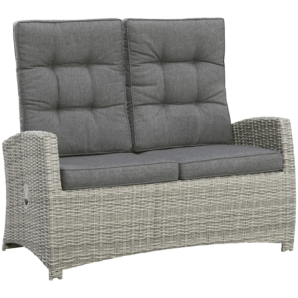 KONIFERA Garten-Essgruppe »Monaco«, (Set, 16 tlg., 1x2er Sofa, 2x Sessel, 2x Hocker, 1x Tisch 120x70x66cm, inkl. Auflagen), Polyrattan, Aluminium, Rückenlehne verstellbar, Grau