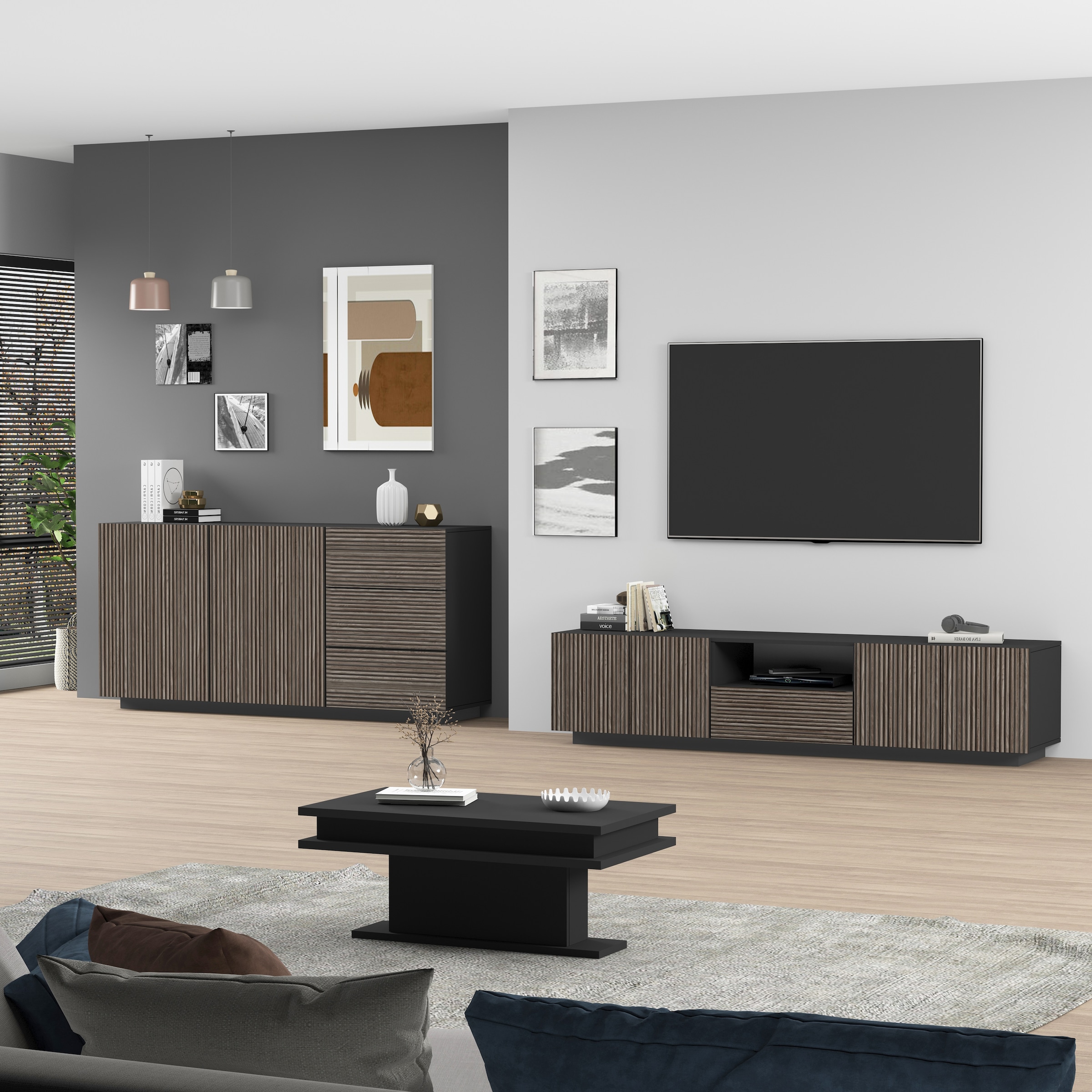 INOSIGN Lowboard »Vega,Lowboard,TV Board,TV Schrank,220 cm«, mit 4 Türen und 1 Schublade,Fronten mit Rillen-Optik