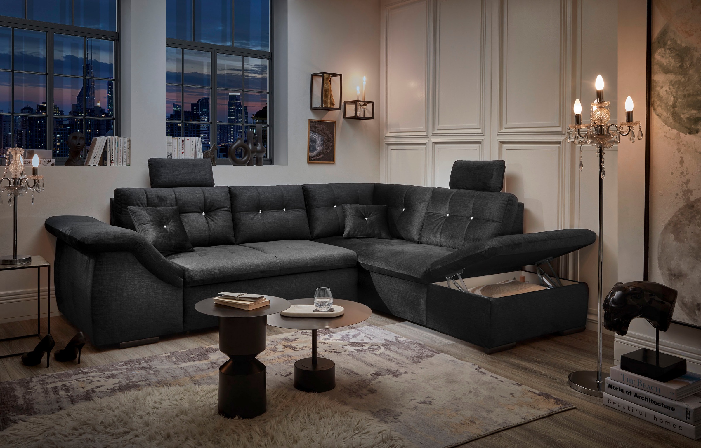 ED EXCITING DESIGN Ecksofa »Bolonia L-Form«, mit Bettfunktion, Bettkasten, Kopfstützen & 2 Zierkissen, Strasstein