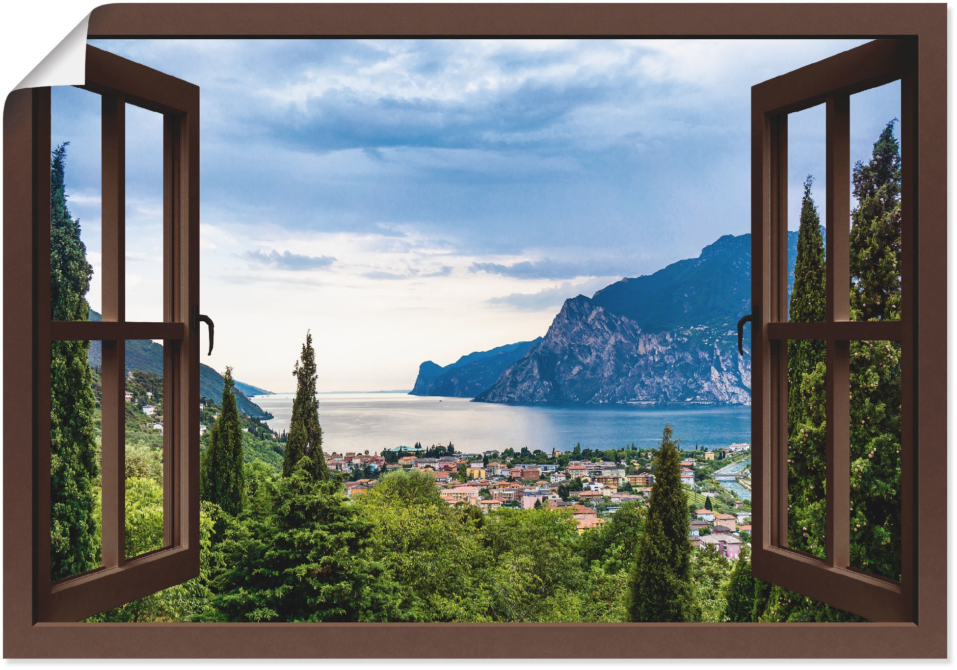 Artland Wandbild "Gardasee durchs braune Fenster", Seebilder, (1 St.), als günstig online kaufen