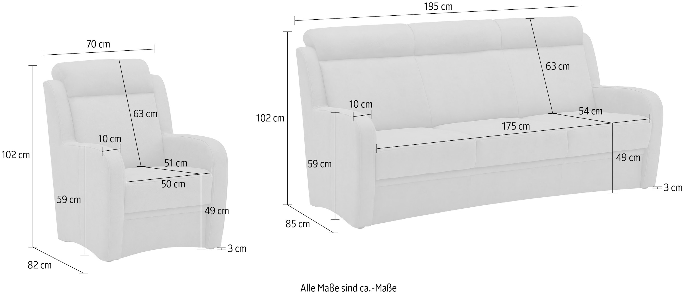VILLA BECK Polstergarnitur »Varese«, (3 tlg.), Kopfteilverstellung, Set aus 3-Sitzer und 2x Sessel, in Sitzhöhe 49