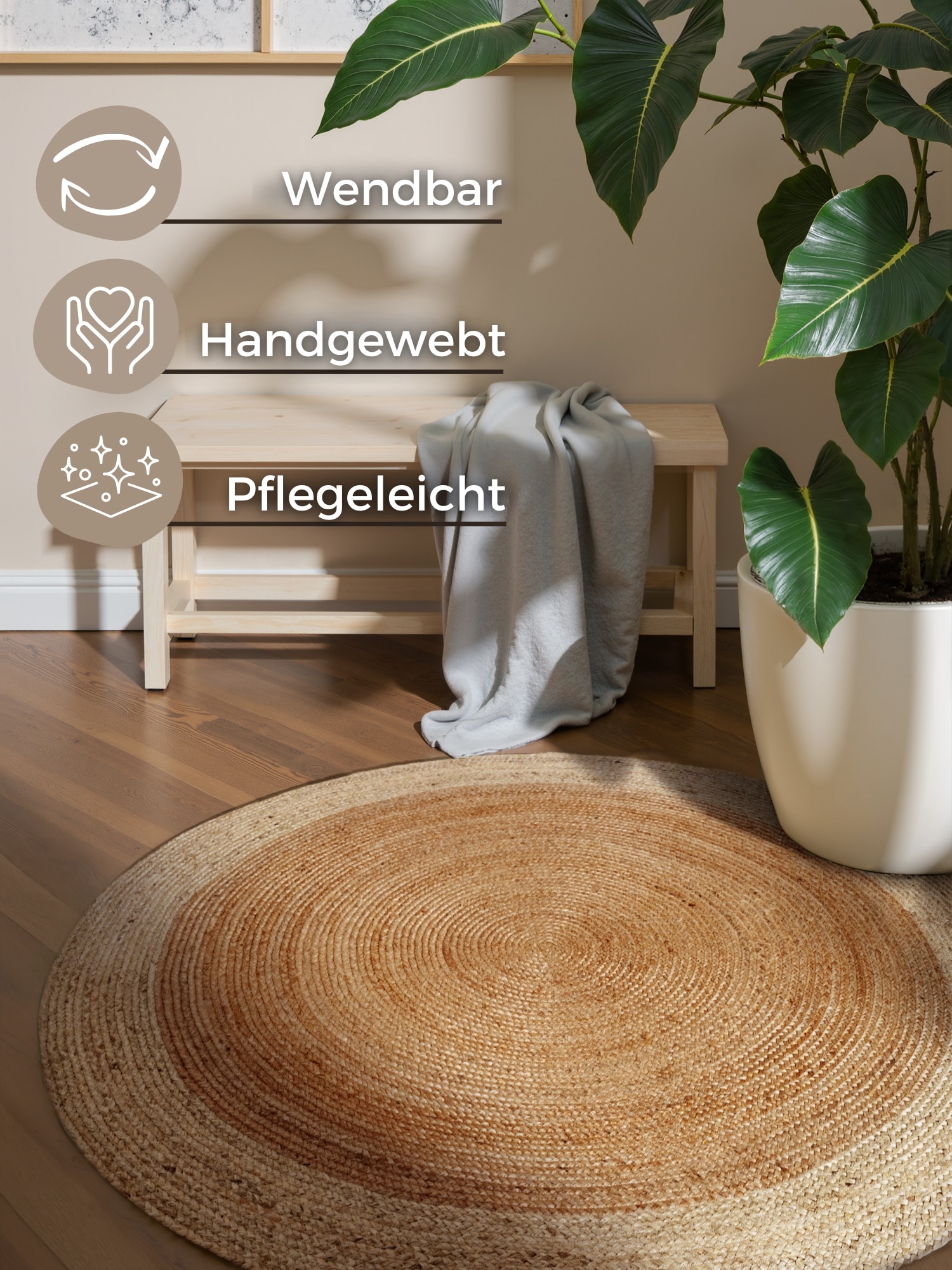 HANSE Home Teppich »Jutta Juteteppich«, rund, 9 mm Höhe, 100% Jutefaser, Natur, Wohnzimmer, Esszimmer, Flur, Boho, Skandi