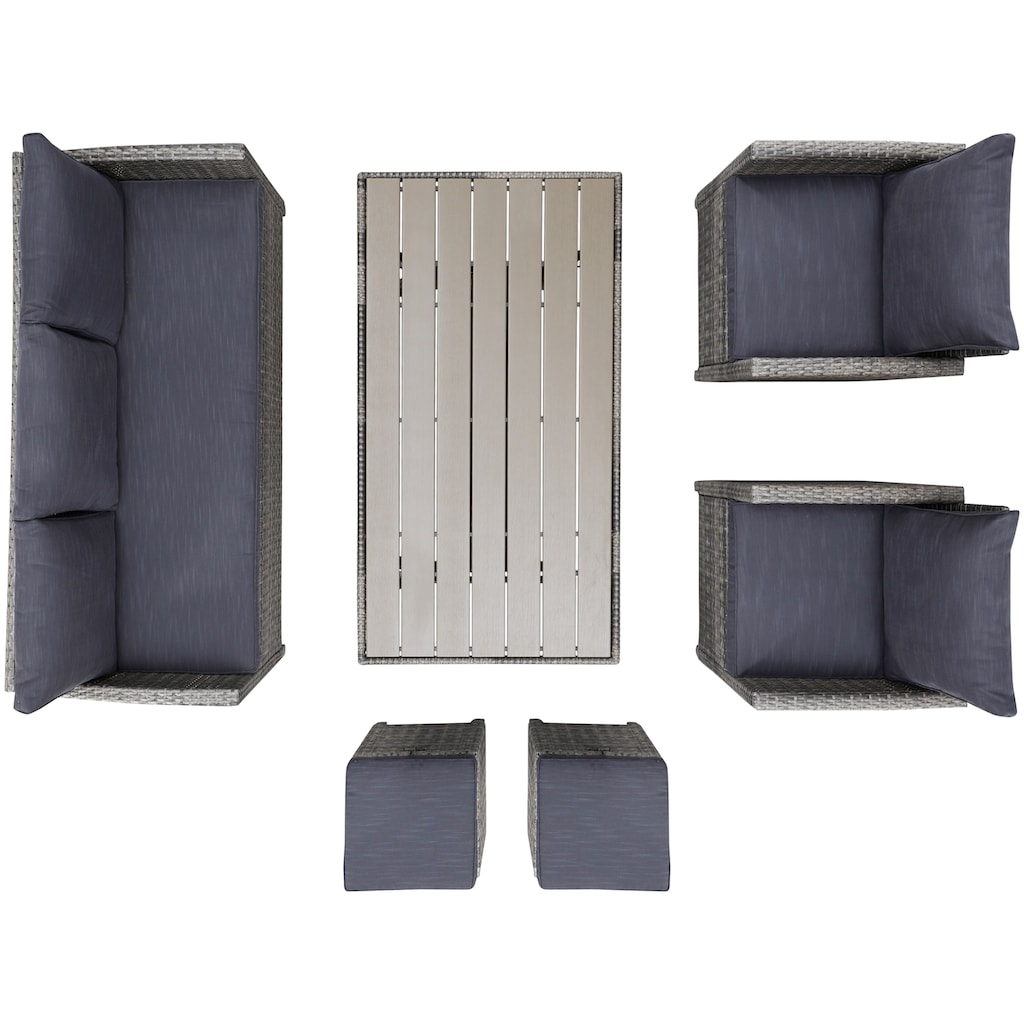 KONIFERA Gartenlounge-Set »Amsterdam«, (Set, 16 tlg., 1x 3er Sofa, 1x 2 Sessel, 2x Hocker, 1xTisch 144,5x74x67cm,Polyrattan), Stahl, Ablagefläche unter dem Tisch, Loungeset