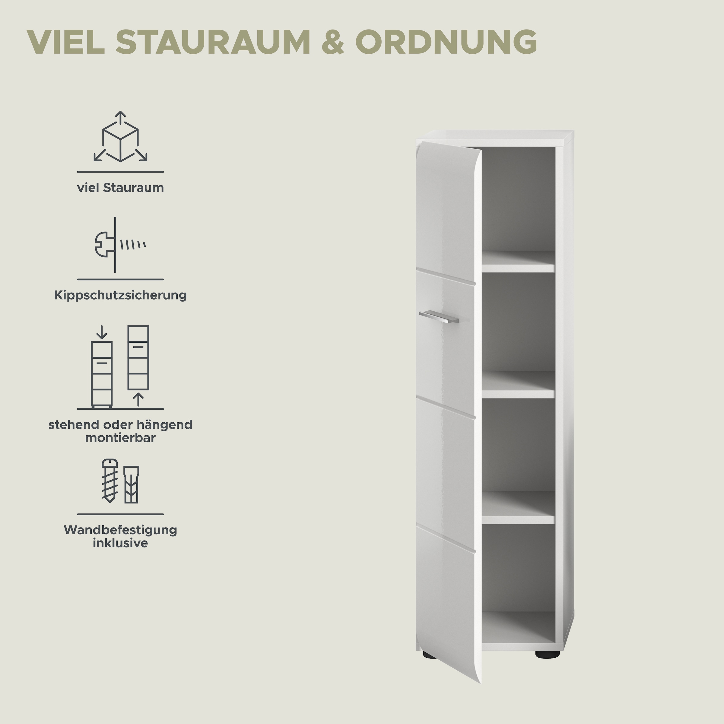 INOSIGN Stauraumschrank, (1 St.), Florenz, Stauraumschrank, Weiß Hochglanz, 30 cm breit, 4 Fächer
