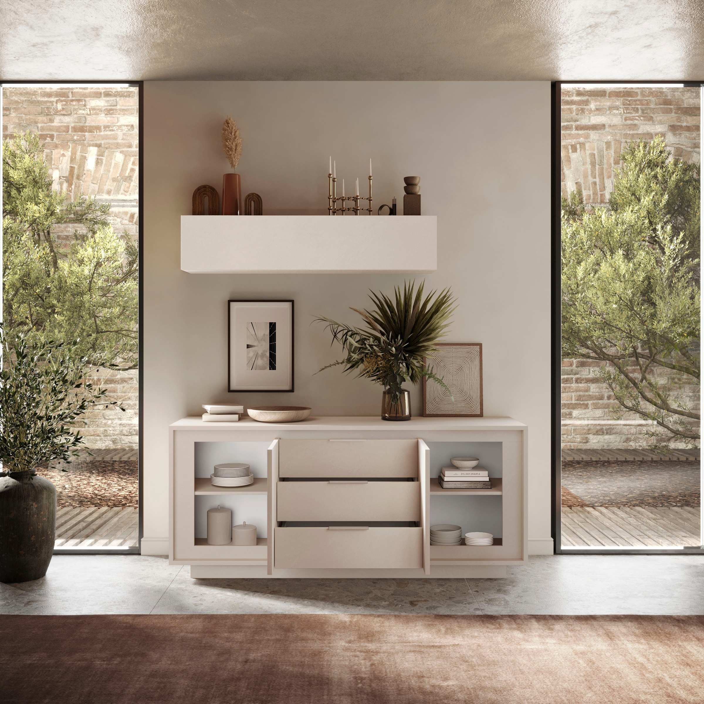 Home affaire Sideboard »Sky, B/T 180/50 cm, Kommode/Stauraumschrank, 2 Türen, 3 Schubkästen« Softclosing, Korpus & Front 22 mm stark, Rahmen-Optik, Metallgriffe