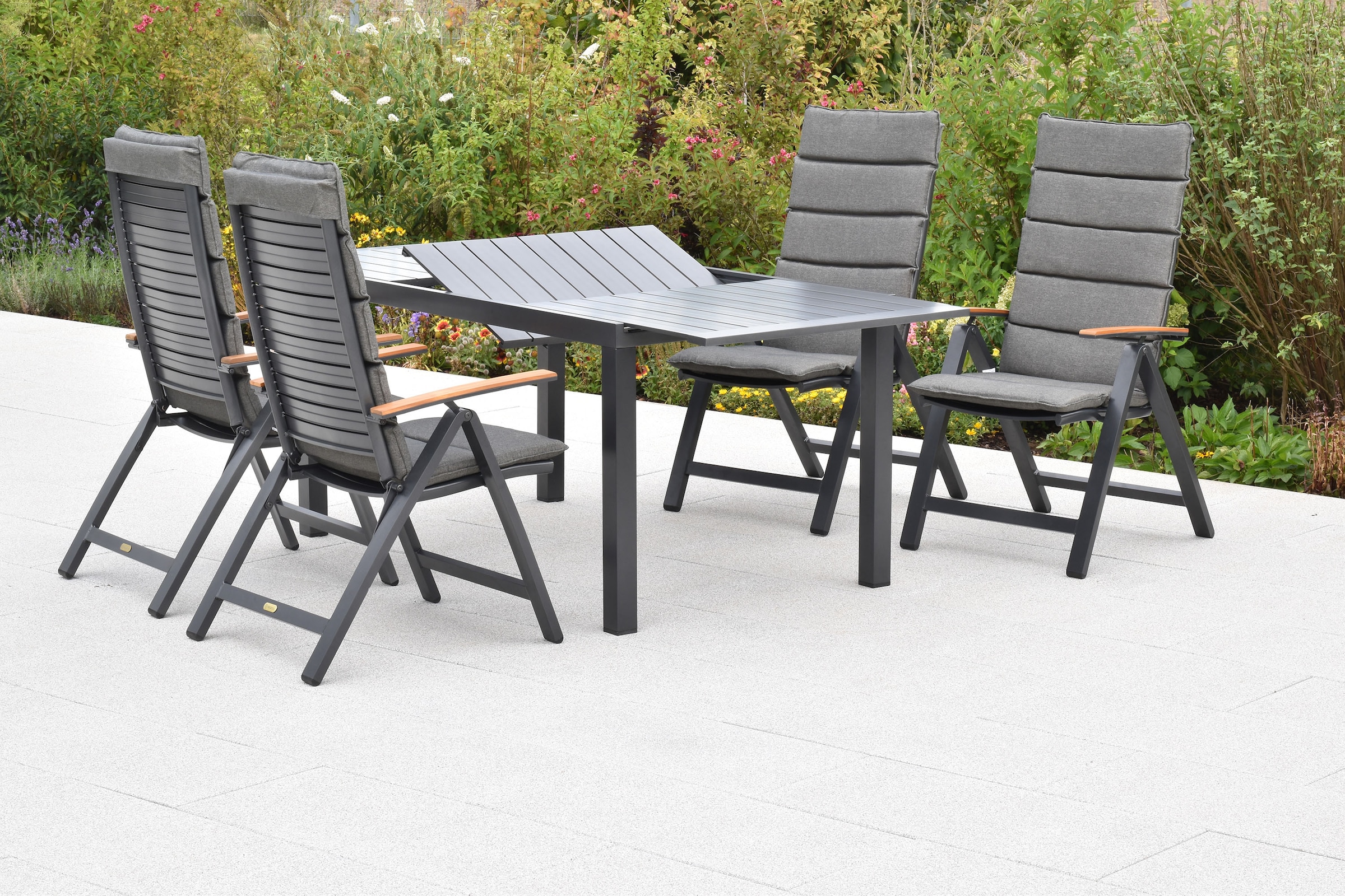 MERXX Garten-Essgruppe »»Astros««, (Set, 9 tlg.), Tischplatte aus Aluminium, Armlehnen aus Akazienholz