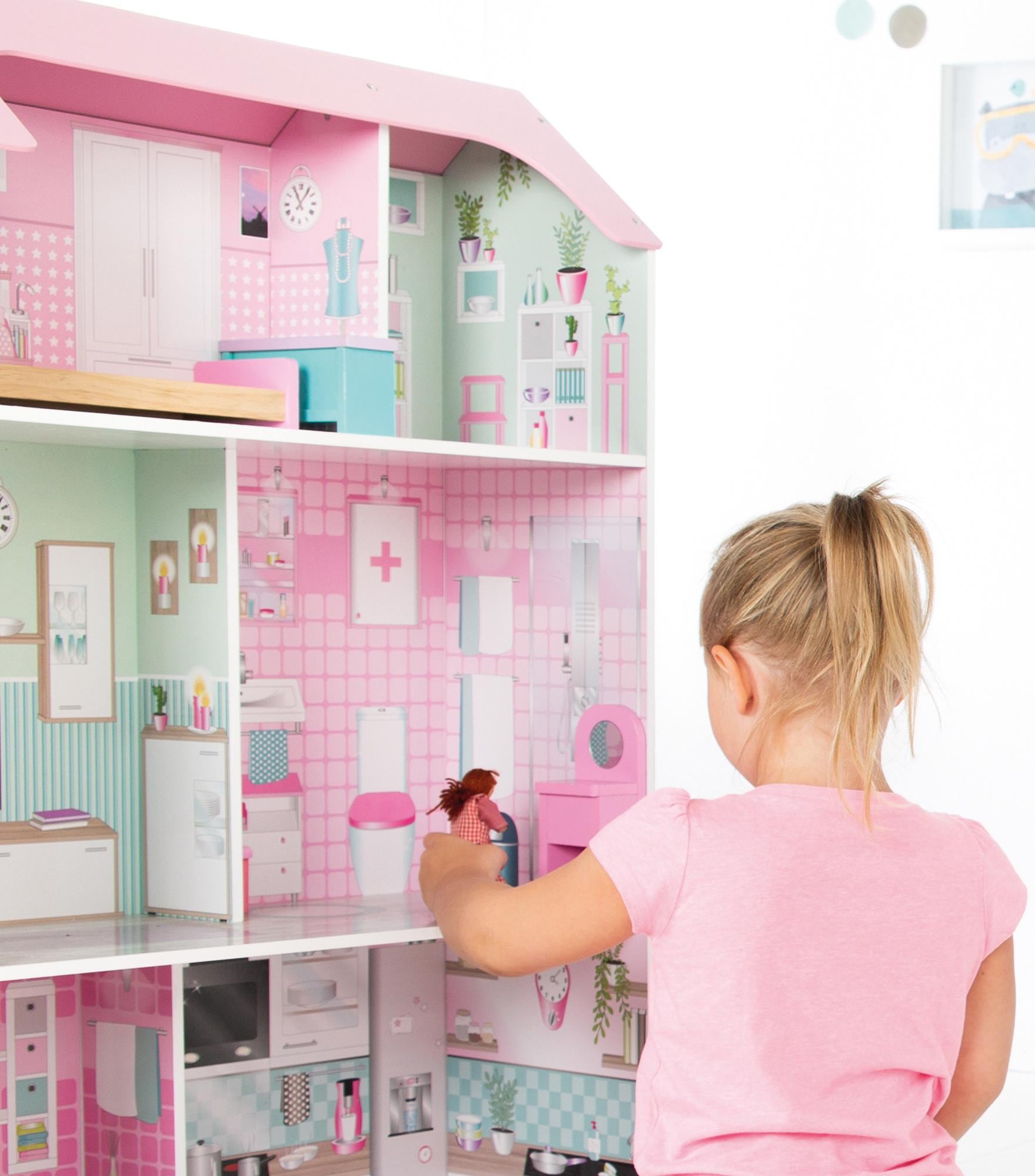 roba® Spielküche »2-in-1, rosa«, mit mehrstöckigem Puppenhaus