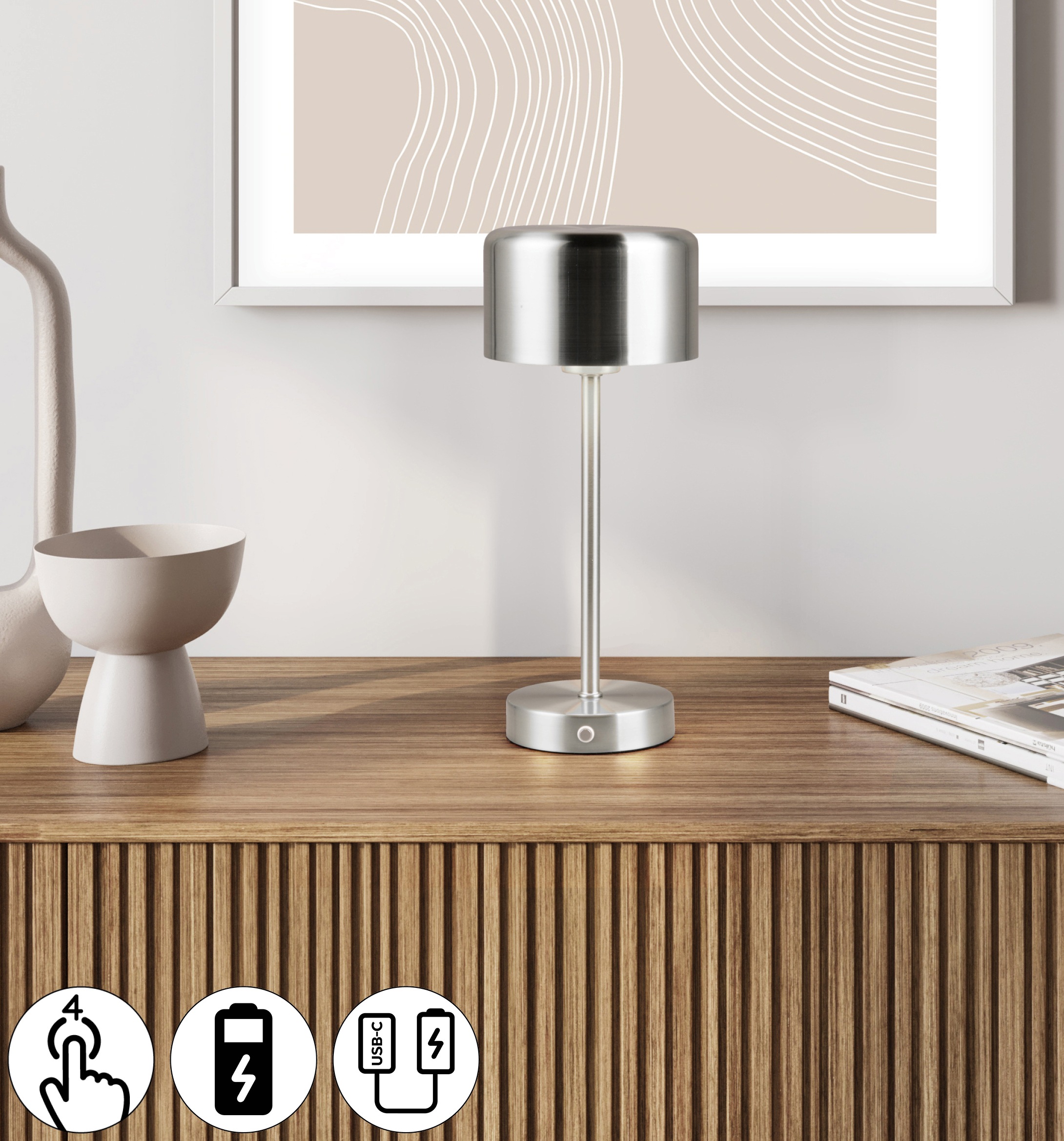 my home LED Tischleuchte »Kadira«, 1 flammig, Leuchtmittel LED-Board | LED fest integriert, Akku Tischlampe mit USB-C Anschluss, Touchdimmer 4 Stufen, Höhe 30cm