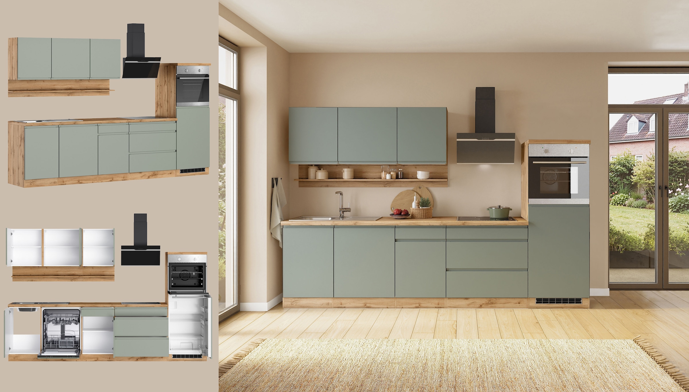 KOCHSTATION Küchenzeile »KS-Virginia,neu in verbesserter Ausführung« Arbeitsplatte 38 mm stark, Stauraum, Softclose,  Breite 300 cm, Soft-Close, ohne E-Geräte