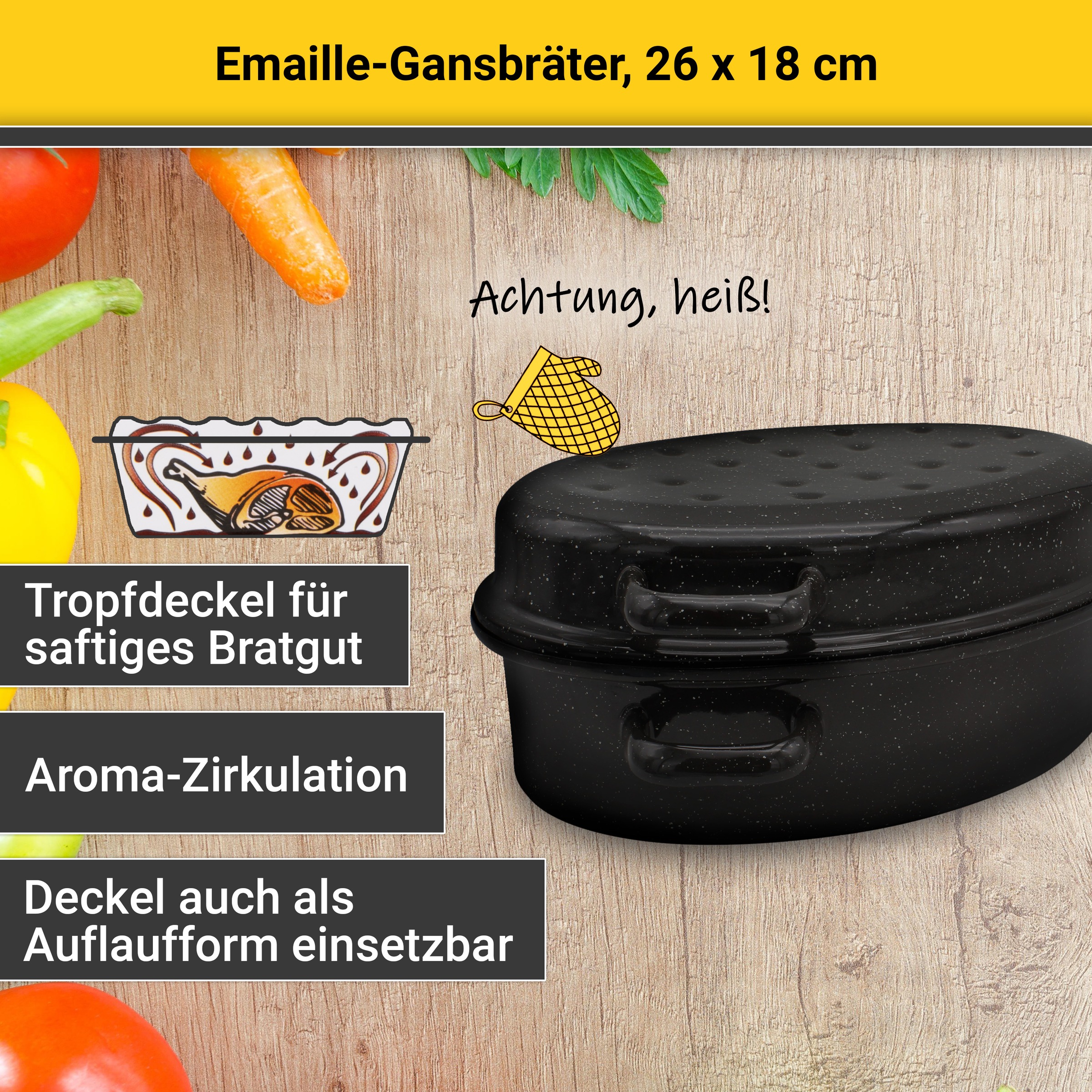 Krüger Bräter "Emaille Gansbräter, gesprenkelt mit Tropfdeckel, 26 x 18 x 7,5 cm" 1 tlg. Emaille