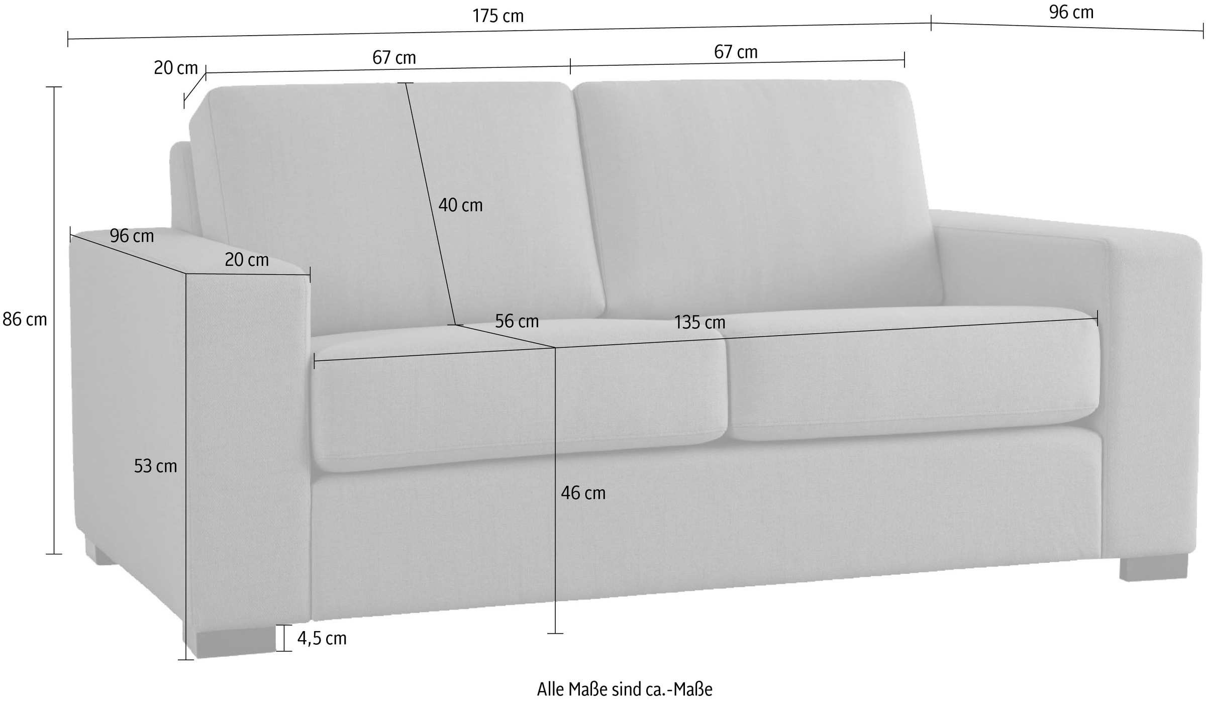 Home affaire 2-Sitzer »Branwell«, (175 St.), Breite 175 cm, Struktur fein, mit Wellenunterfederung