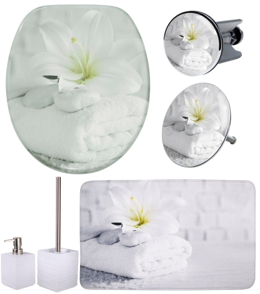Badaccessoire-Set SANILOweiß, grau, Massivholz, Polyester, Polyresin (Kunststein), Badaccessoires-Sets, "Good Feeling", WC-Sitz, Badteppich, Stöpsel,