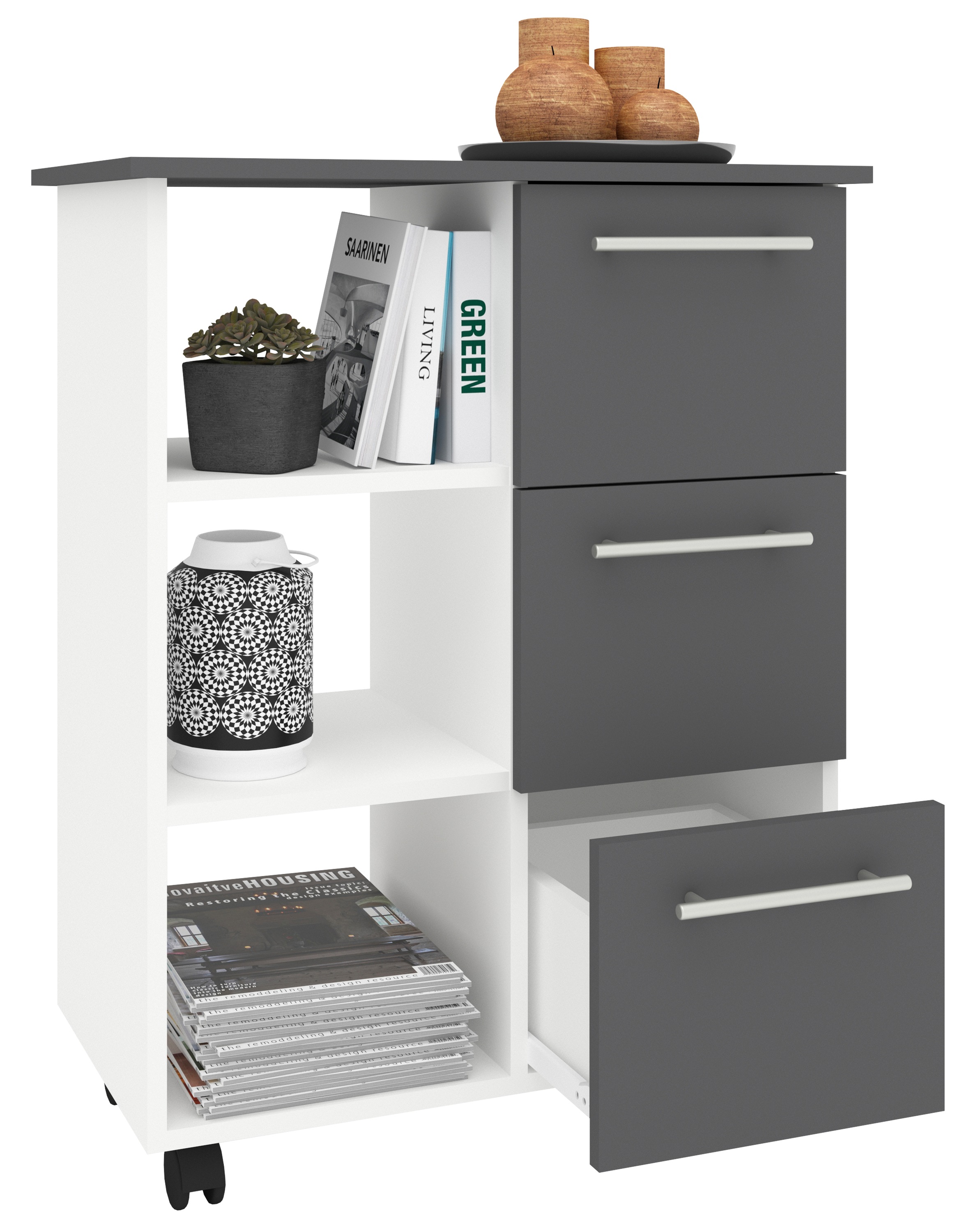 Küchenbuffet VCM, B:68cm T:38cmweiß, anthrazit, Obermaterial: 100% Holz Wood., Schränke, "Küchenwagen Servierwagen Rollwagen Rollen Esilo L"