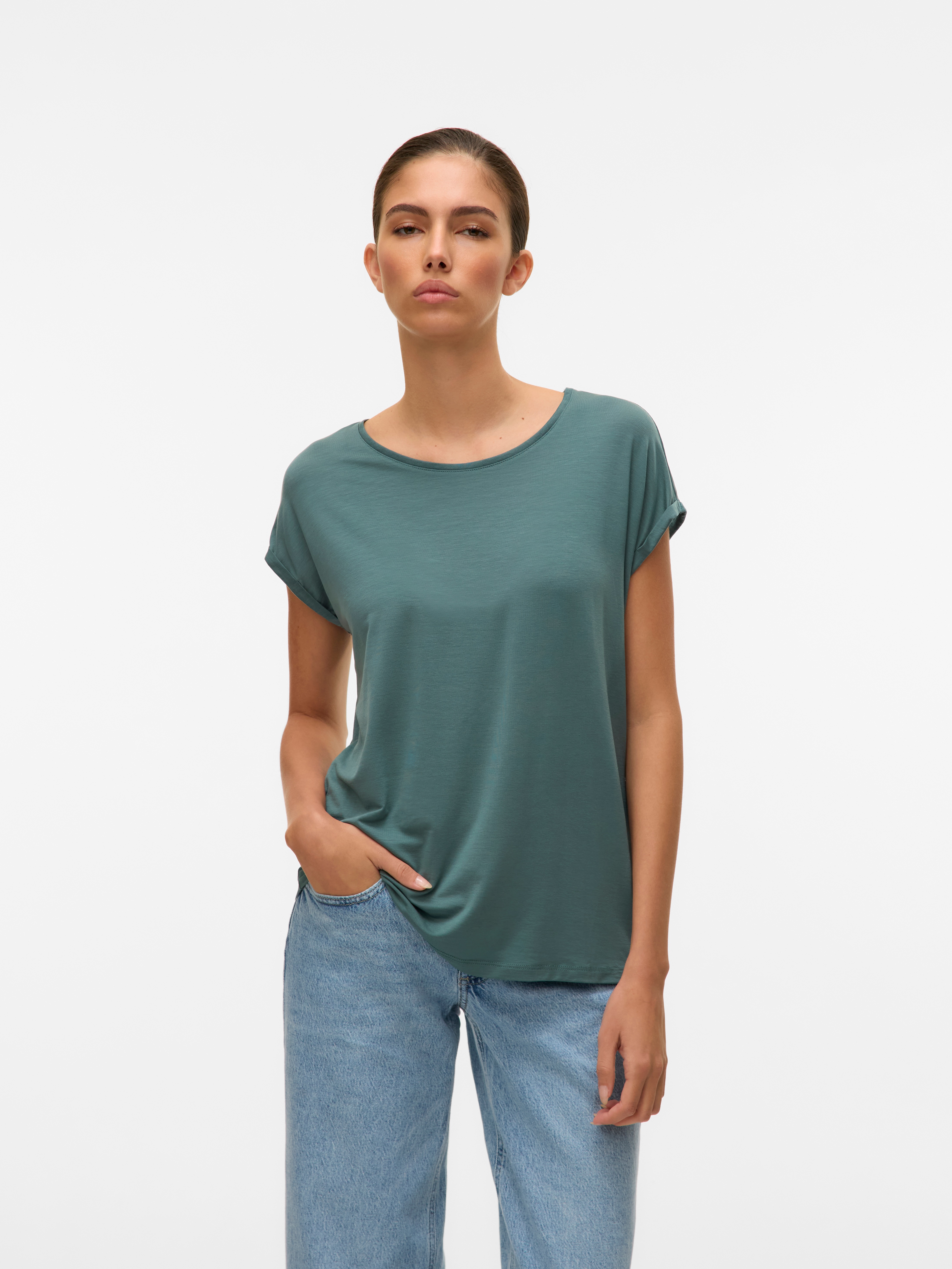 Thumbnail - Vero Moda Rundhalsshirt "VMAVA PLAIN SS TOP GAJRS NOOS" Materialmix, regular fit