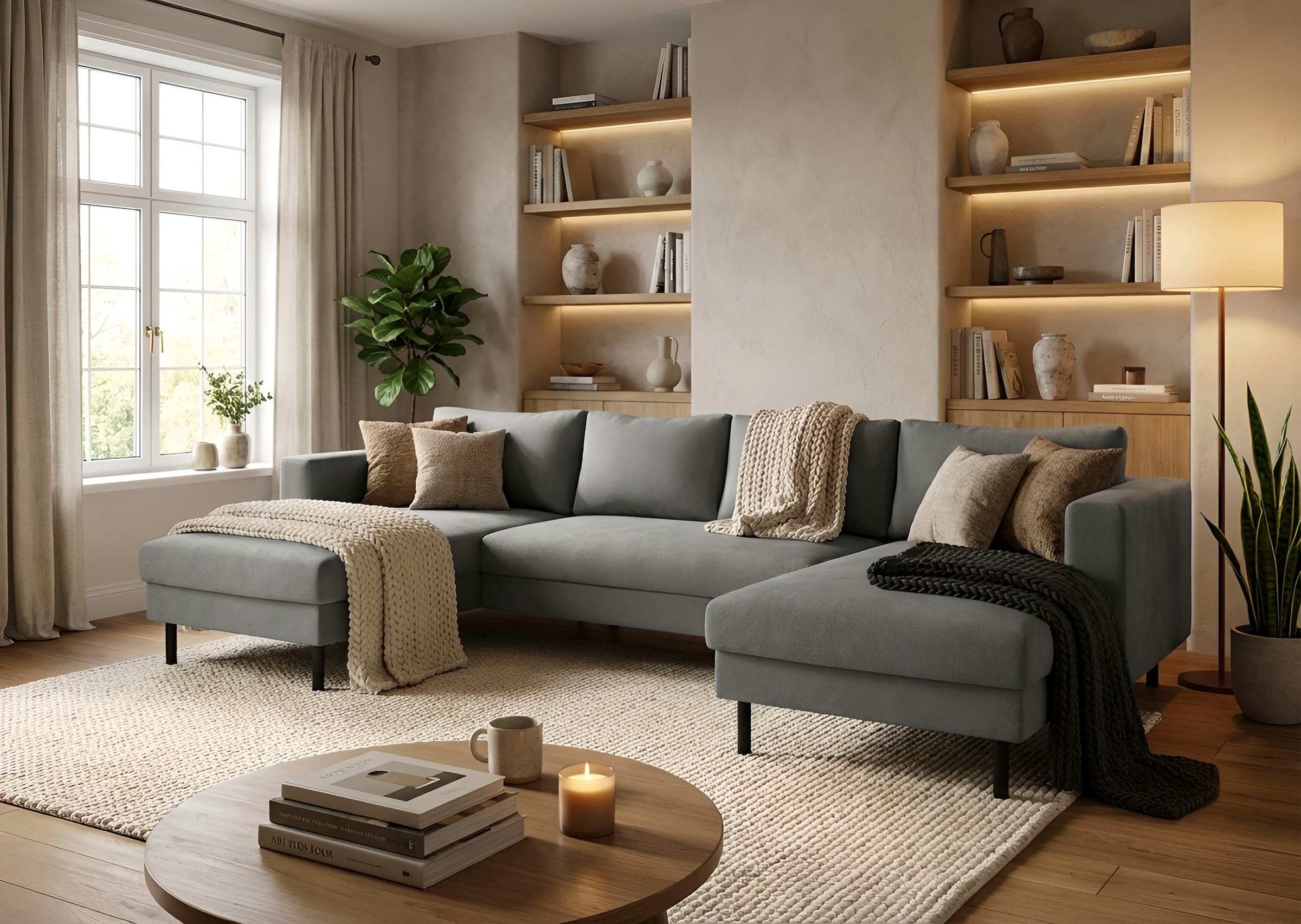 TRENDMANUFAKTUR Wohnlandschaft »Amazing II, wahlw. mit Schlaffunktion & Bettkasten, Fuß schwarz« Sofa in U-Form, in Cord, Struktur LEO o. Struktur LINO, Breite 305 cm