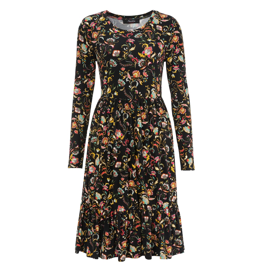 Damenmode Modetrends Aniston CASUAL Jerseykleid, mit Blumendruck oder getupft - schick sind beide schwarz-mais-rot-olivgrün-weiß