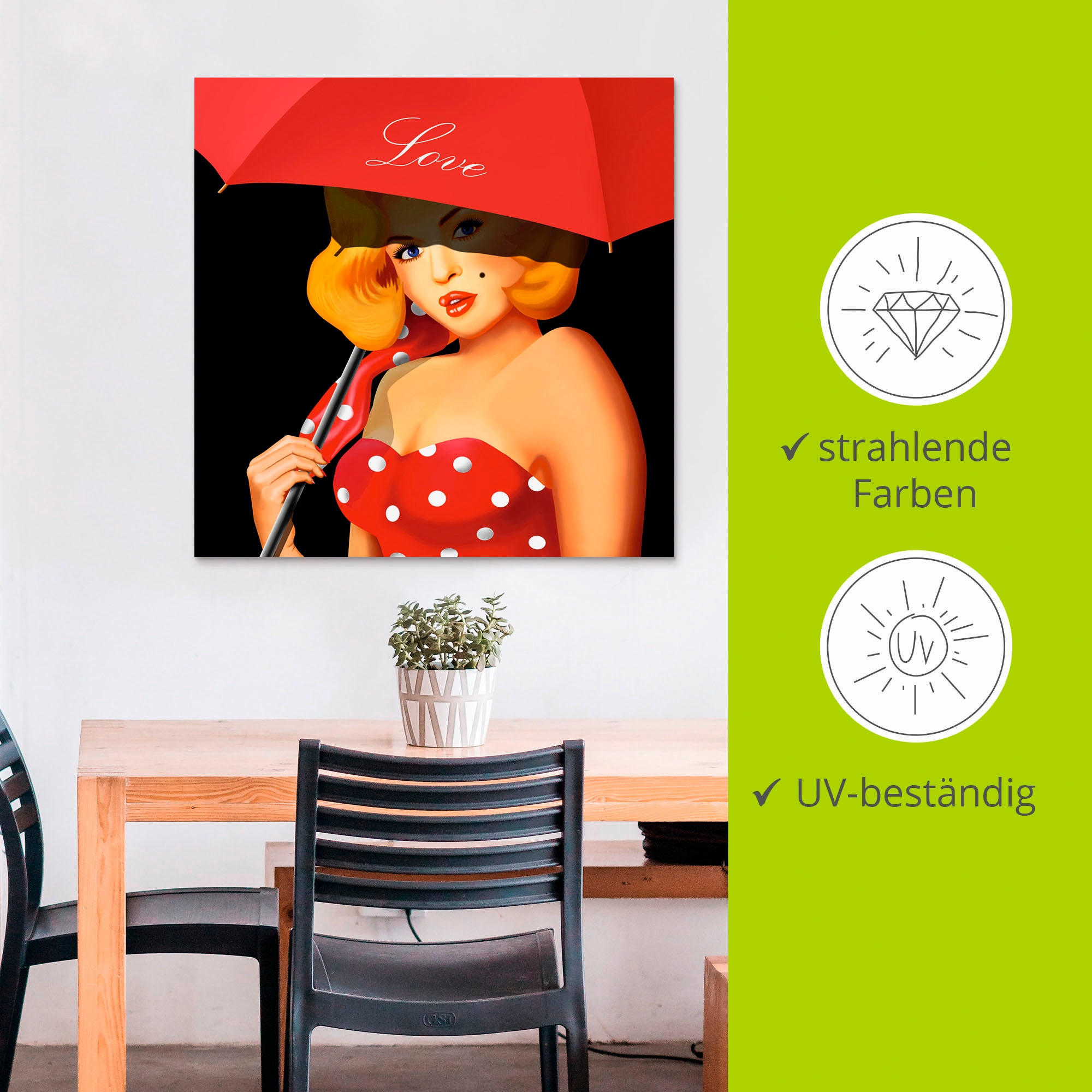 Artland Wandbild »Pin-Up Girl unter rotem Regenschirm«, Frau, (1 St.), als Alubild, Outdoorbild, Leinwandbild in verschied. Größen